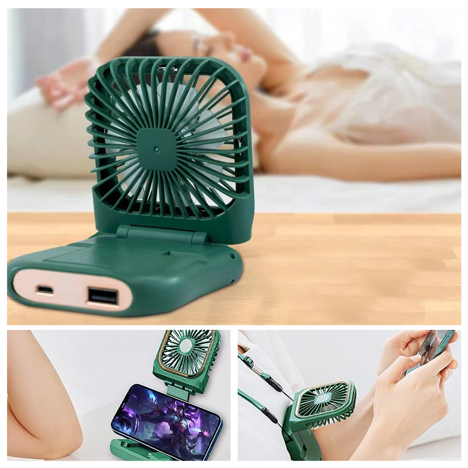 Grüner tragbarer Ventilator mit Frau im Hintergrund. Zusätzliche Bilder zeigen die Fanbenutzung mit Telefon.