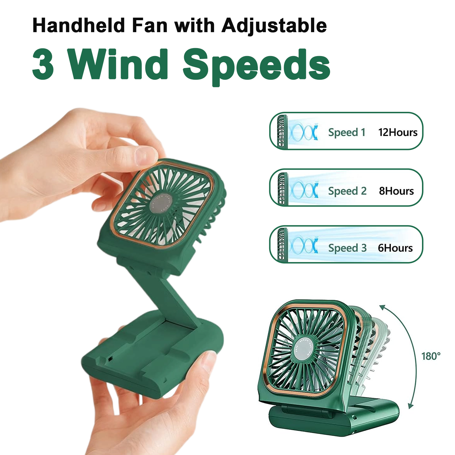 Grüner Handventilator mit einstellbaren 3 Windgeschwindigkeiten, in verschiedenen Positionen gezeigt. Text zeigt Laufzeiten.