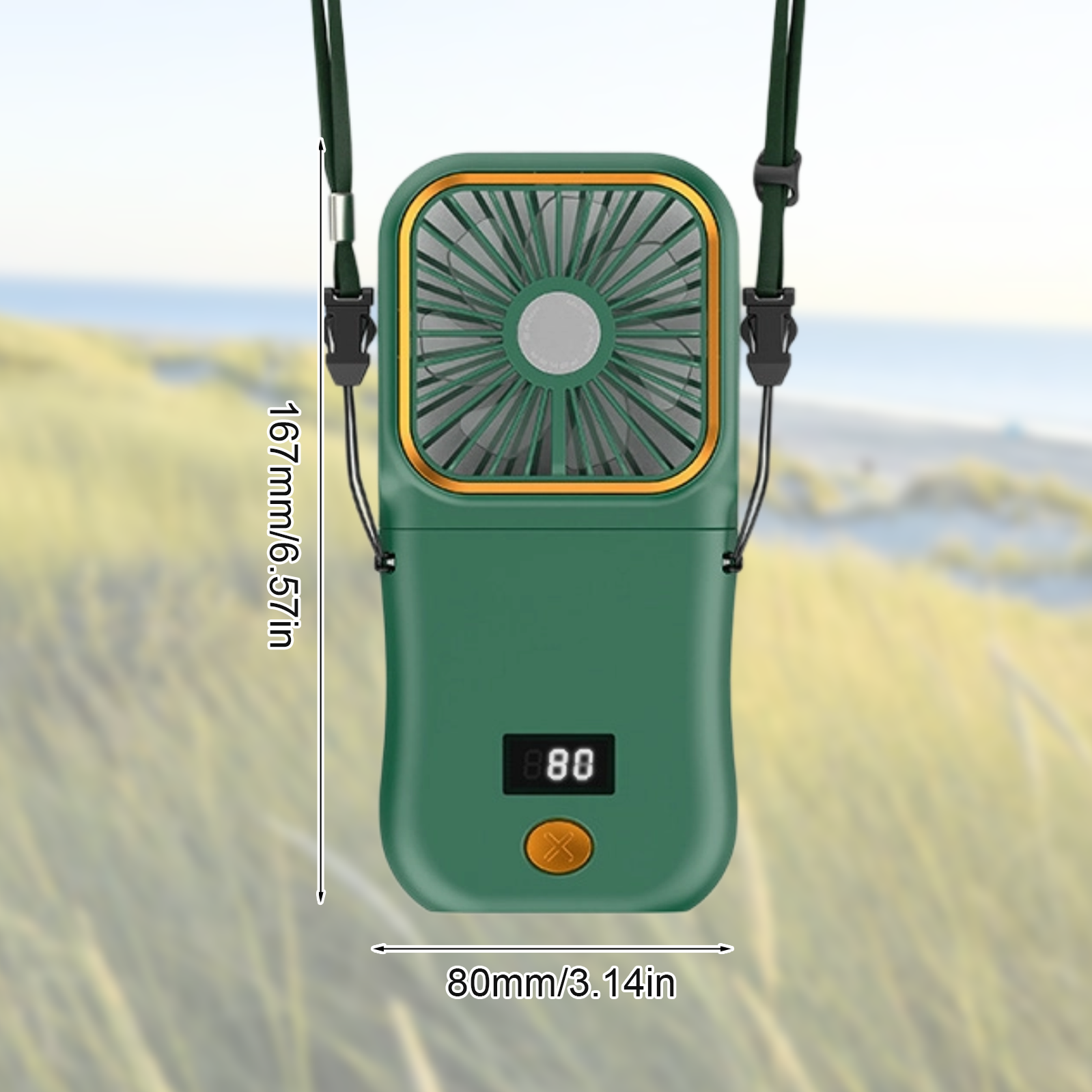 Grüner tragbarer Ventilator mit digitaler Anzeige. Schwarzes Umhängeband. Maßbeschreibung im Bild.