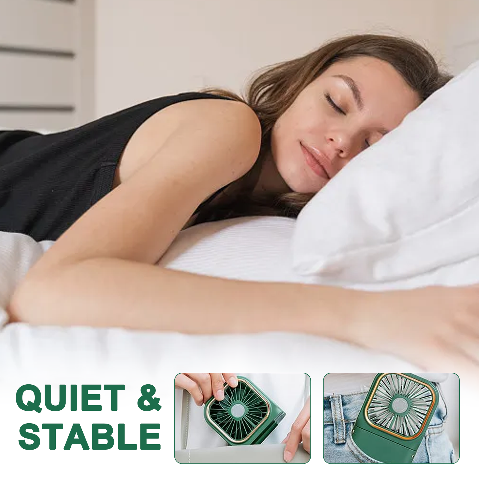 Eine Frau schläft auf einem Bett, mit einem tragbaren Ventilator, der in zwei zusätzlichen kleinen Bildern gezeigt wird.