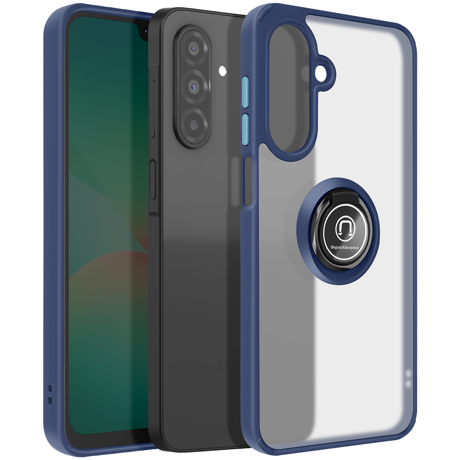 Tre custodie per smartphone in vari colori, con un porta anello sulla custodia trasparente.