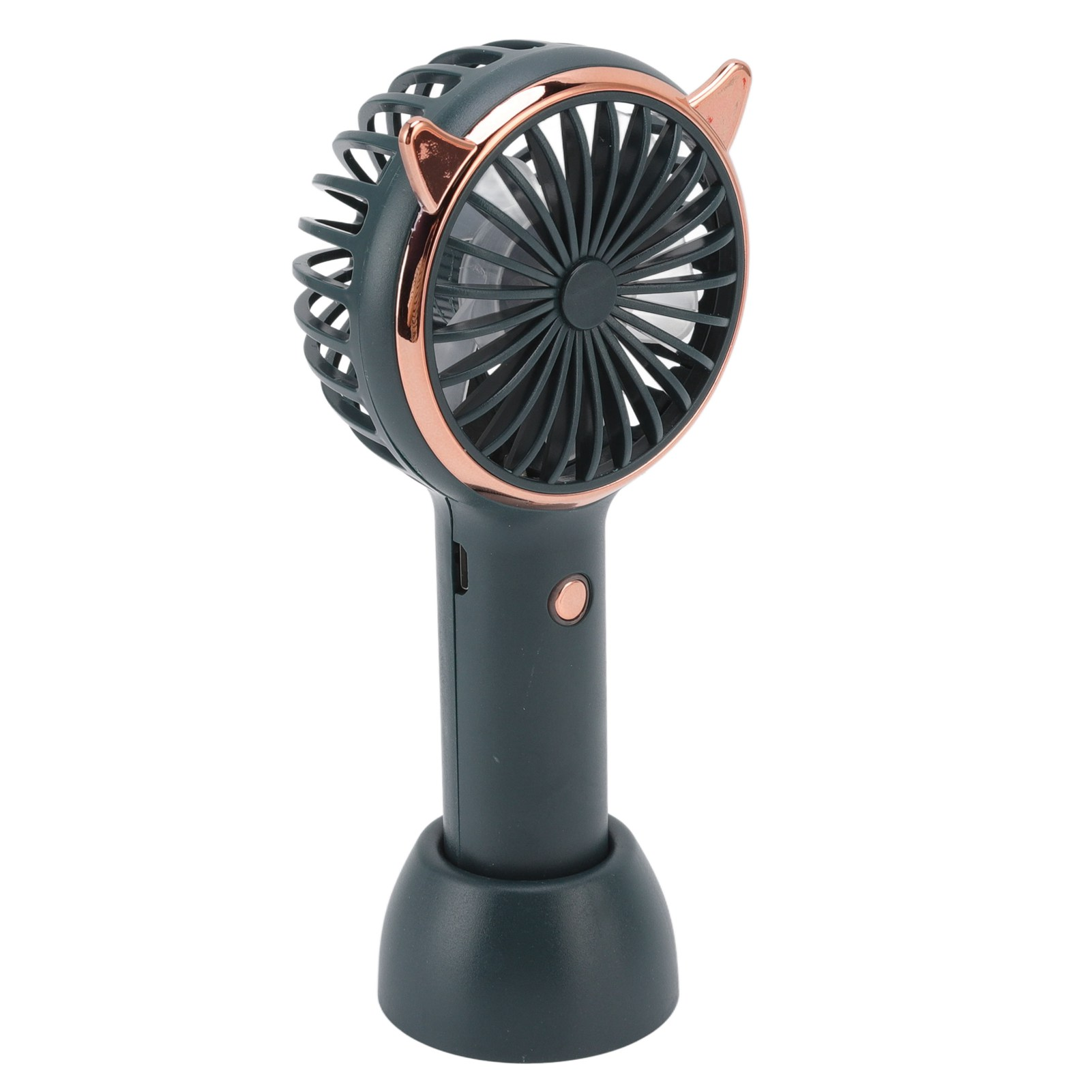 Dunkelgrauer Handventilator mit roségoldenen Akzenten, einem USB-Anschluss und einem ständerartigen Sockel.