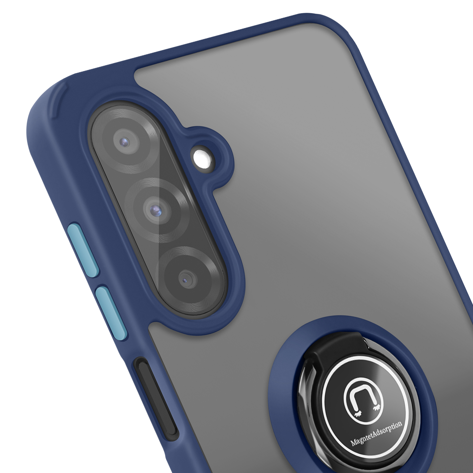 Primo piano di una custodia per telefono con cornice blu e supporto ad anello sul retro.