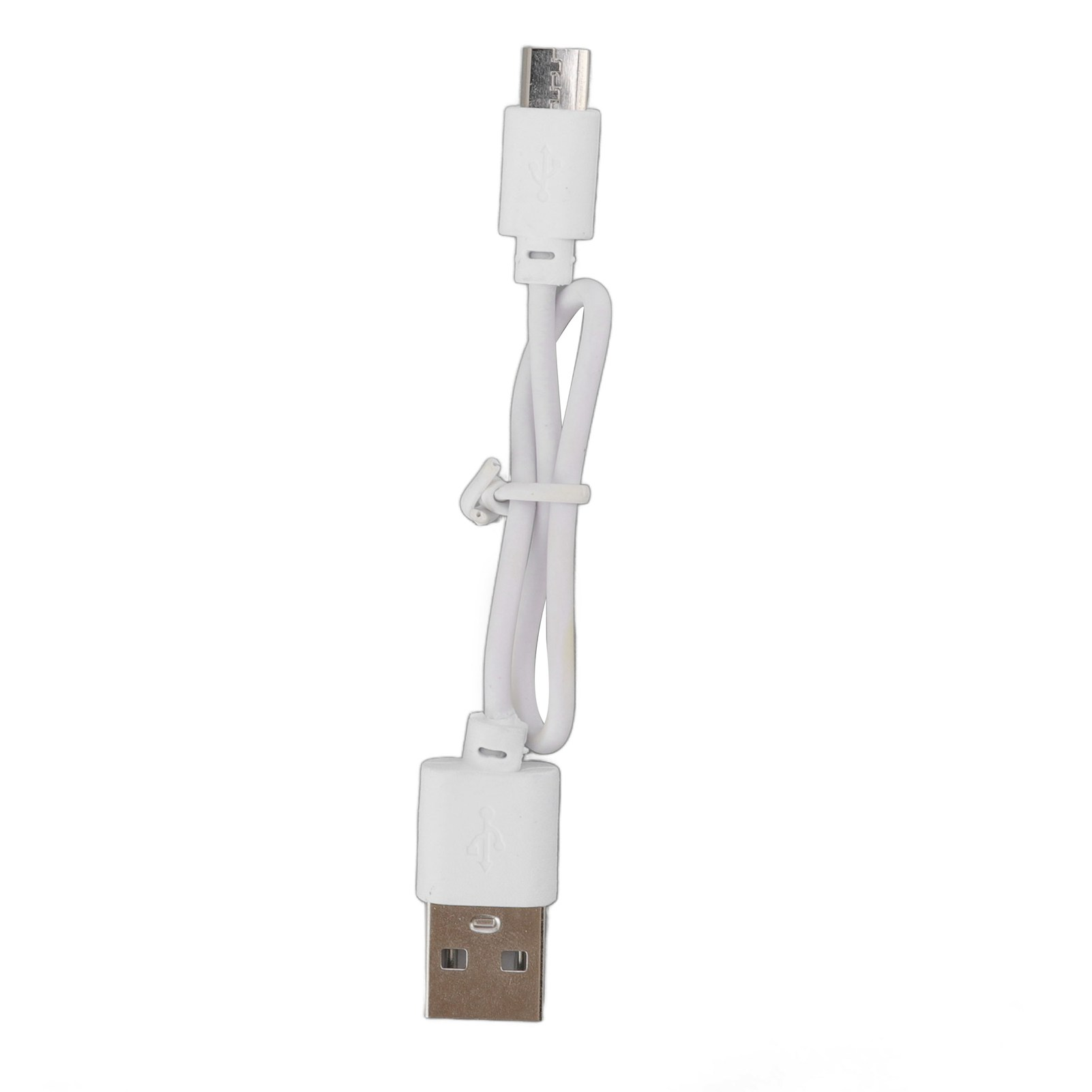 Weißes USB-zu-Micro-USB-Kabel. Die Stecker sind weiß und das Kabel ist gewendelt.