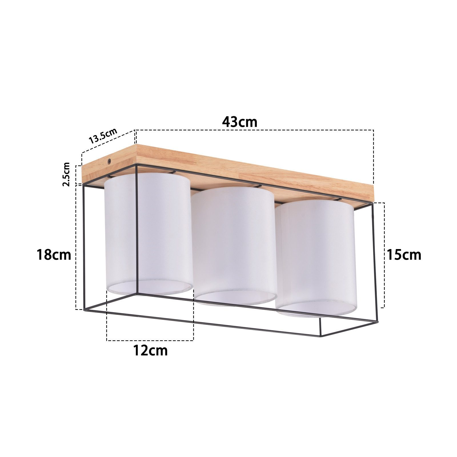 Lampada moderna con tre paralumi bianchi e cornice in legno.