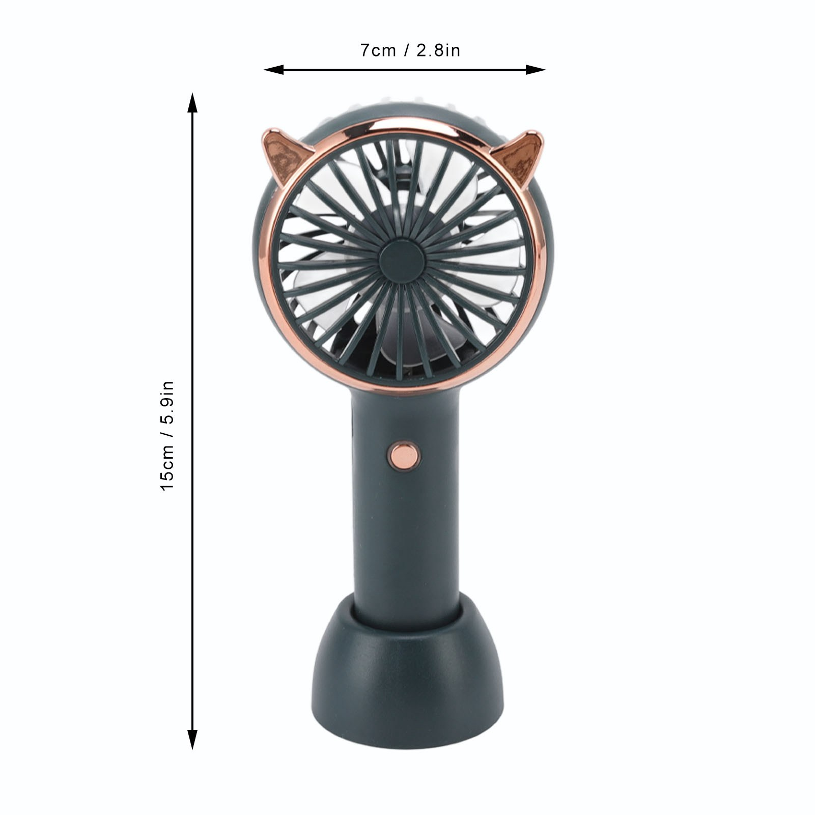 Dunkelgrüner Handventilator mit Griff und Katzenohren-Design. Abmessungen werden angezeigt.