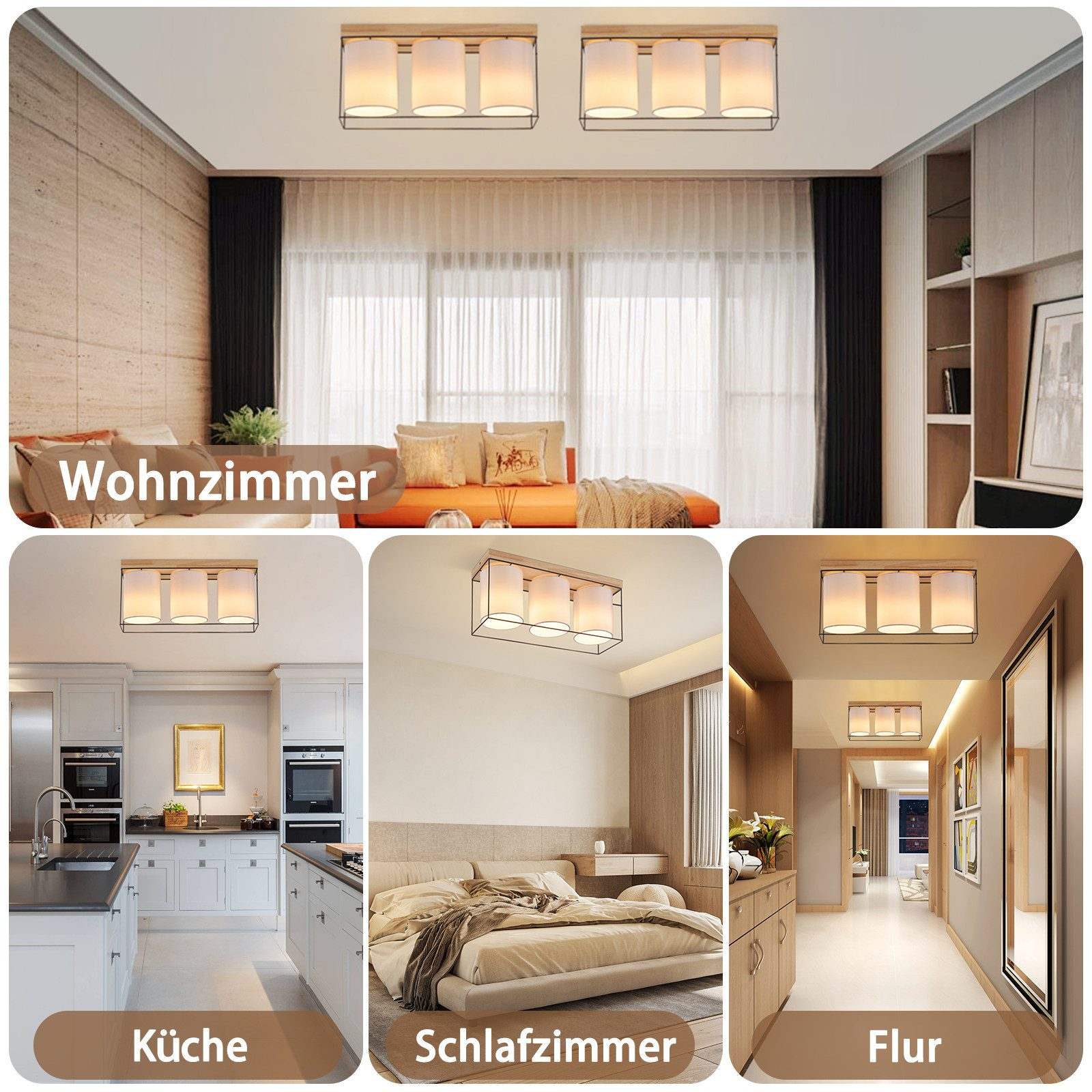 Immagini multiple di lampade da soffitto in varie stanze, tra cui un soggiorno, una cucina, una camera da letto e un corridoio.