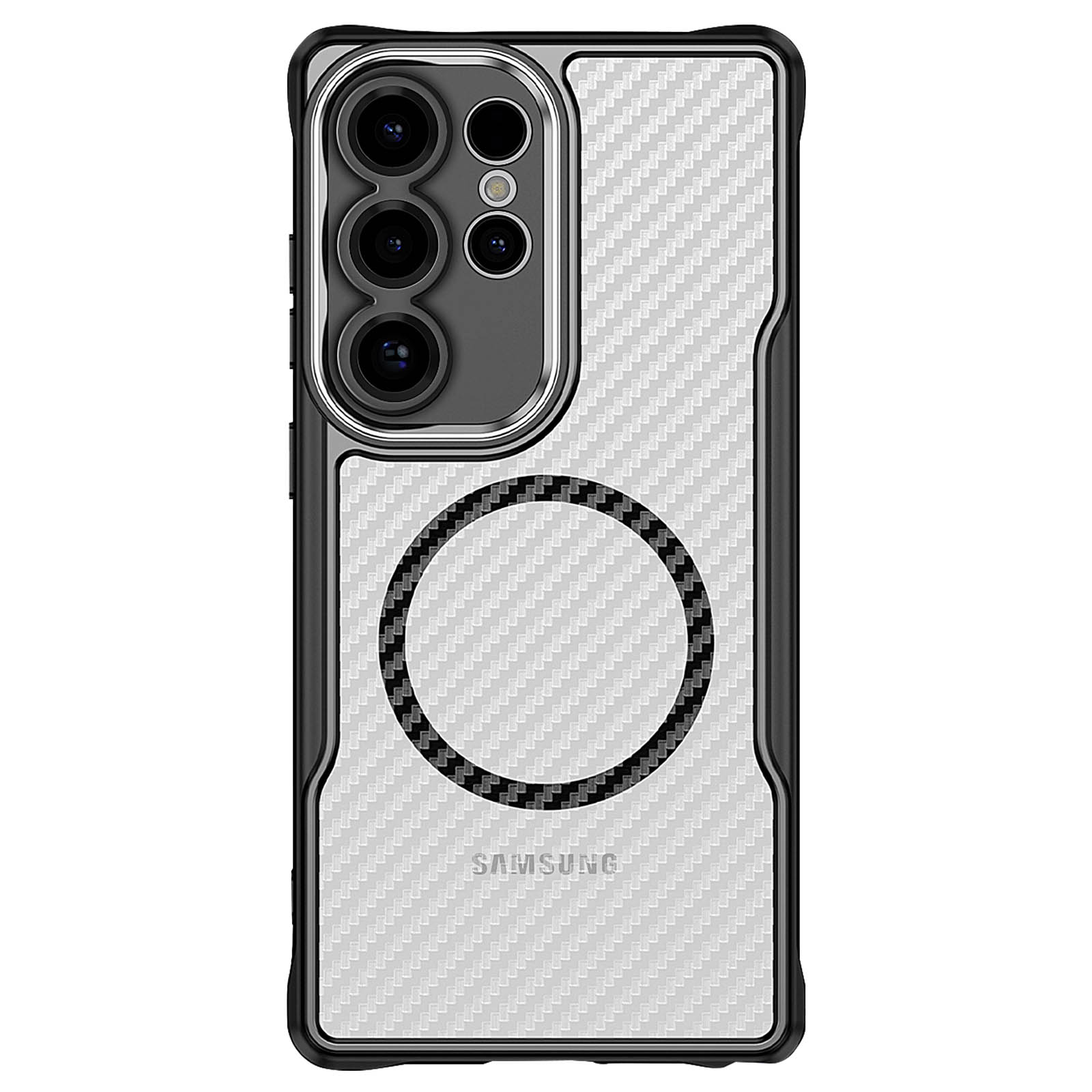 Una custodia per telefono con un design in fibra di carbonio bianca e fotocamera e anello neri.