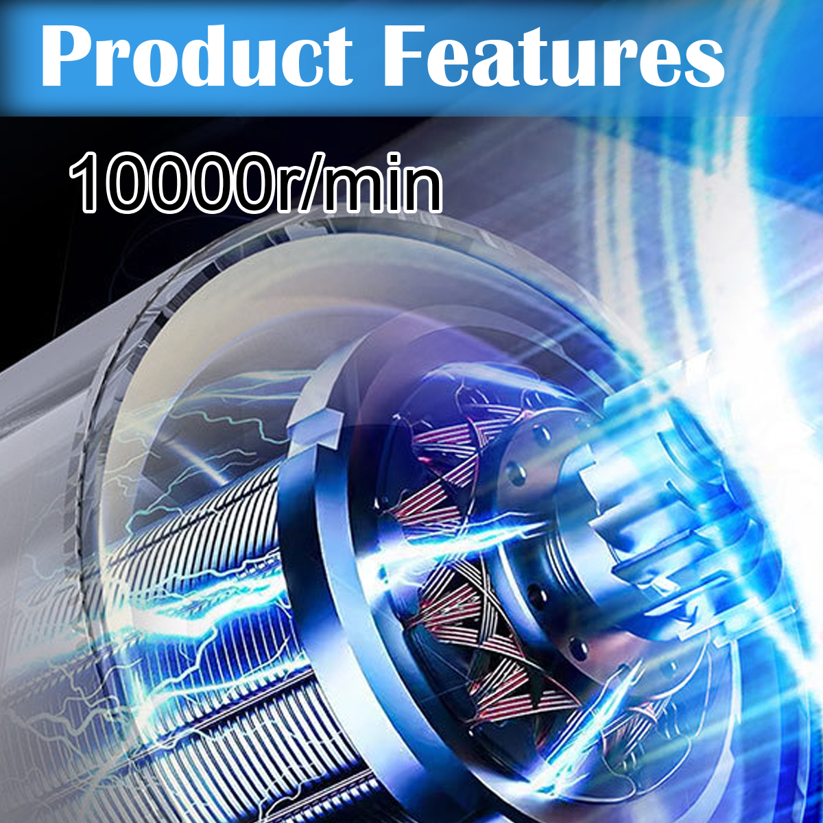 Nahaufnahme des Inneren eines Ventilators. Text-Overlay: '10000 U/min'.