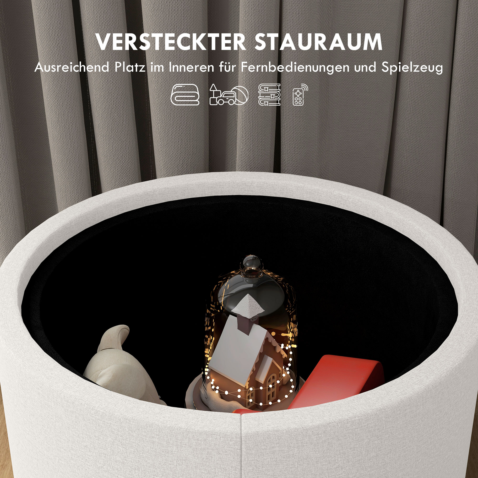 Ein weißes Ottoman enthüllt einen versteckten Stauraum mit Spielzeug.
