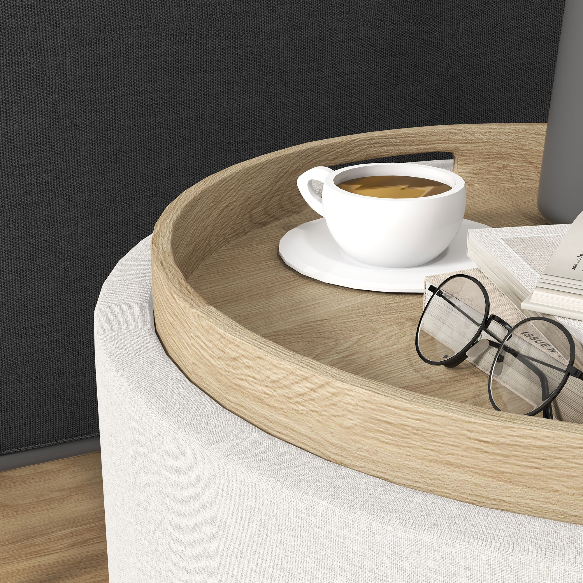 Ein Couchtisch mit einer Tasse Kaffee, Gläsern und einem Stapel Bücher darauf.