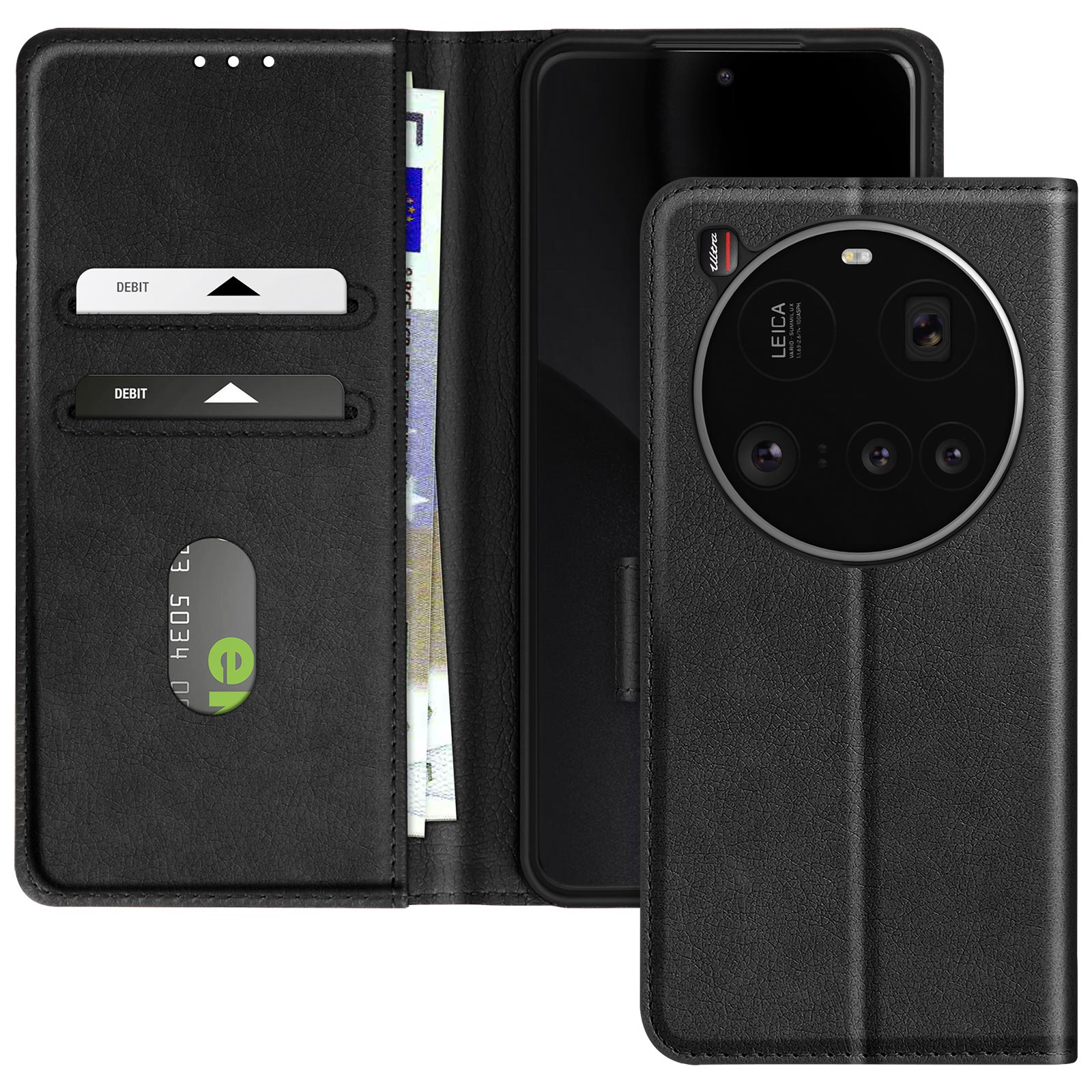 Étui de téléphone en cuir noir ouvert avec cartes, devises et téléphone. Caméra Leica visible à l'arrière.