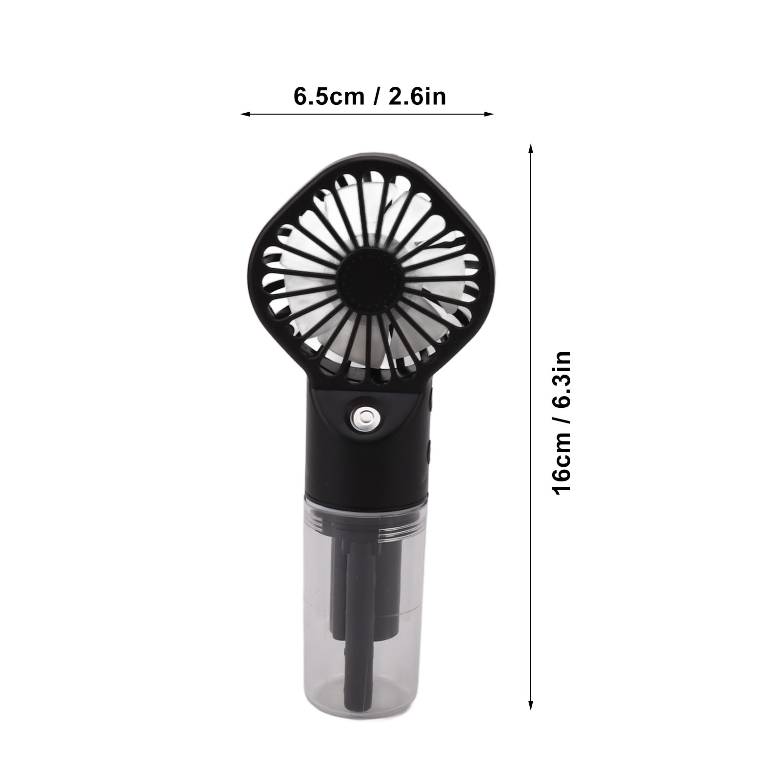 Schwarzer und durchsichtiger tragbarer Ventilator, Abmessungen und Messungen. Weißer Hintergrund.