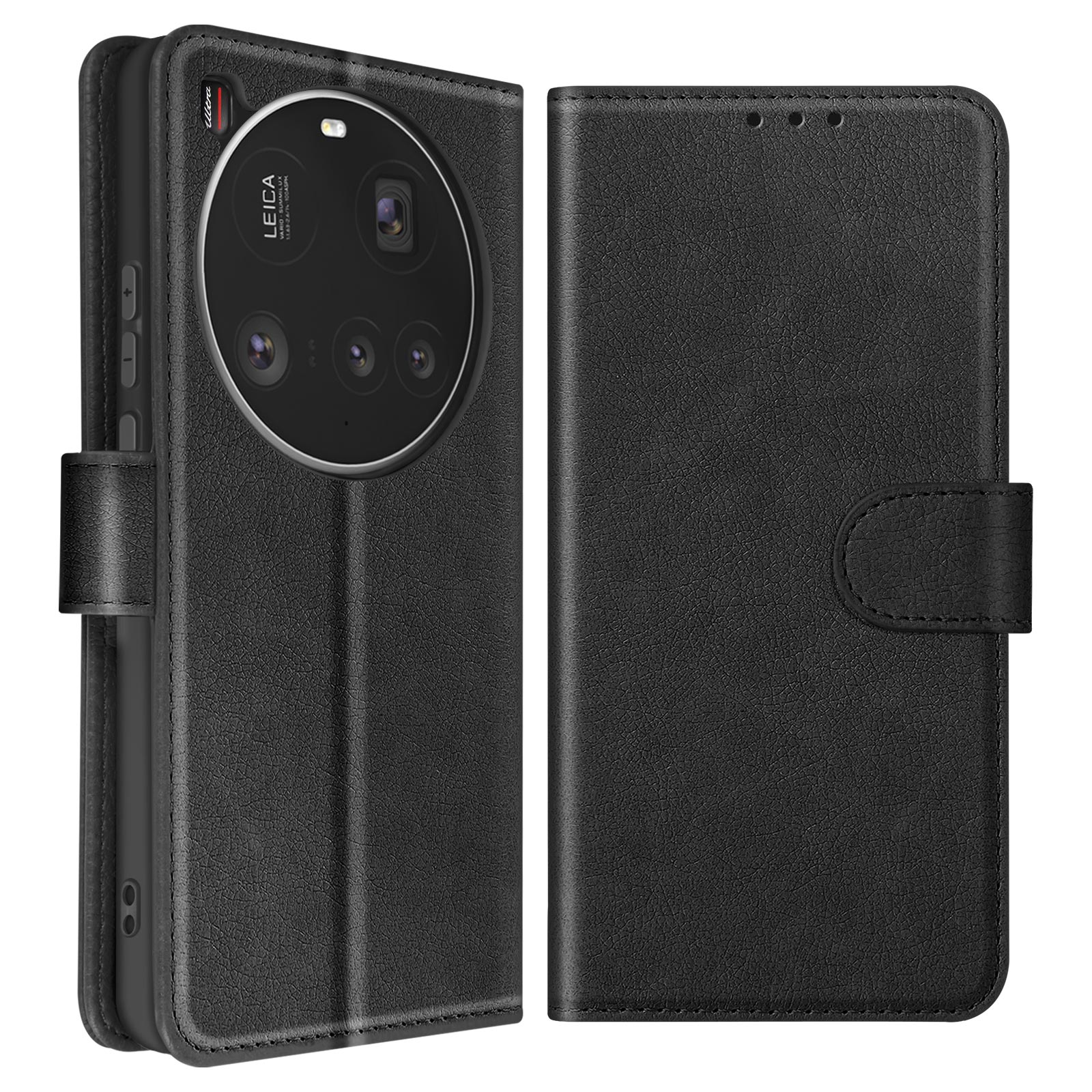 Étui de téléphone en cuir noir, ouvert, avec fente pour carte et téléphone. Caméra Leica visible.