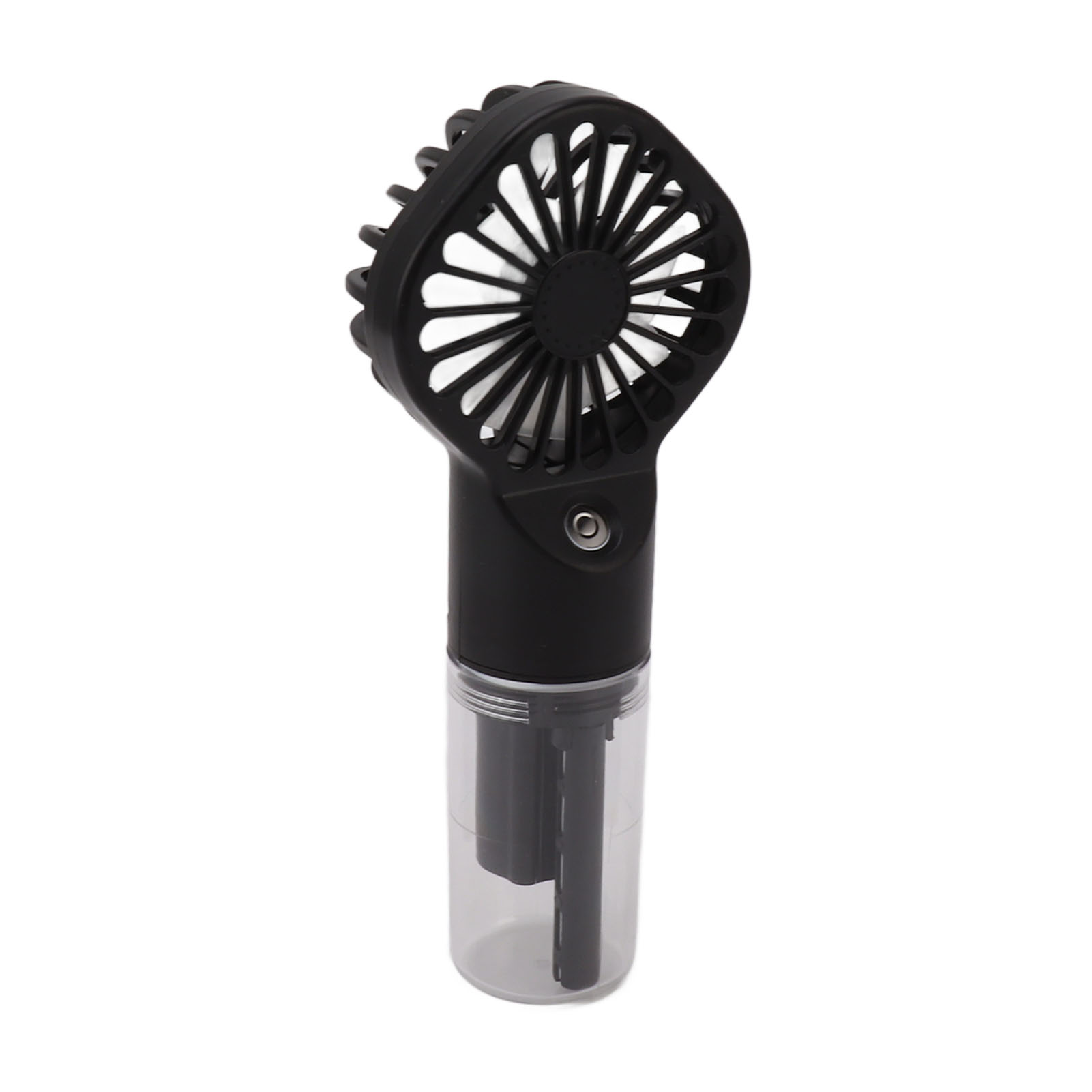 Schwarzer Handventilator mit weißen Flügeln und einem durchsichtigen Wasserbehälter. Der Ventilator steht aufrecht.