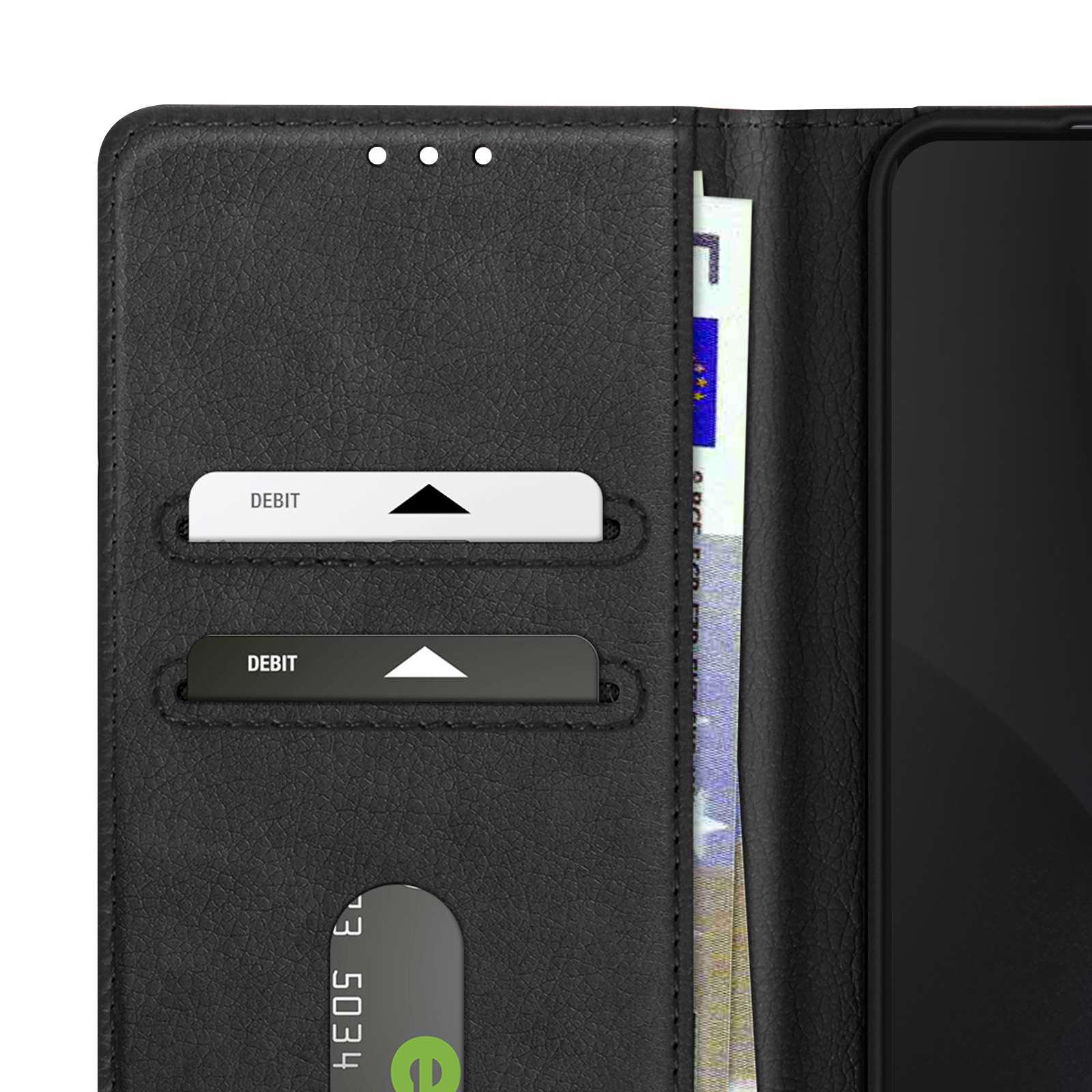 Portefeuille noir ouvert, montrant des cartes de débit et des billets en euros.
