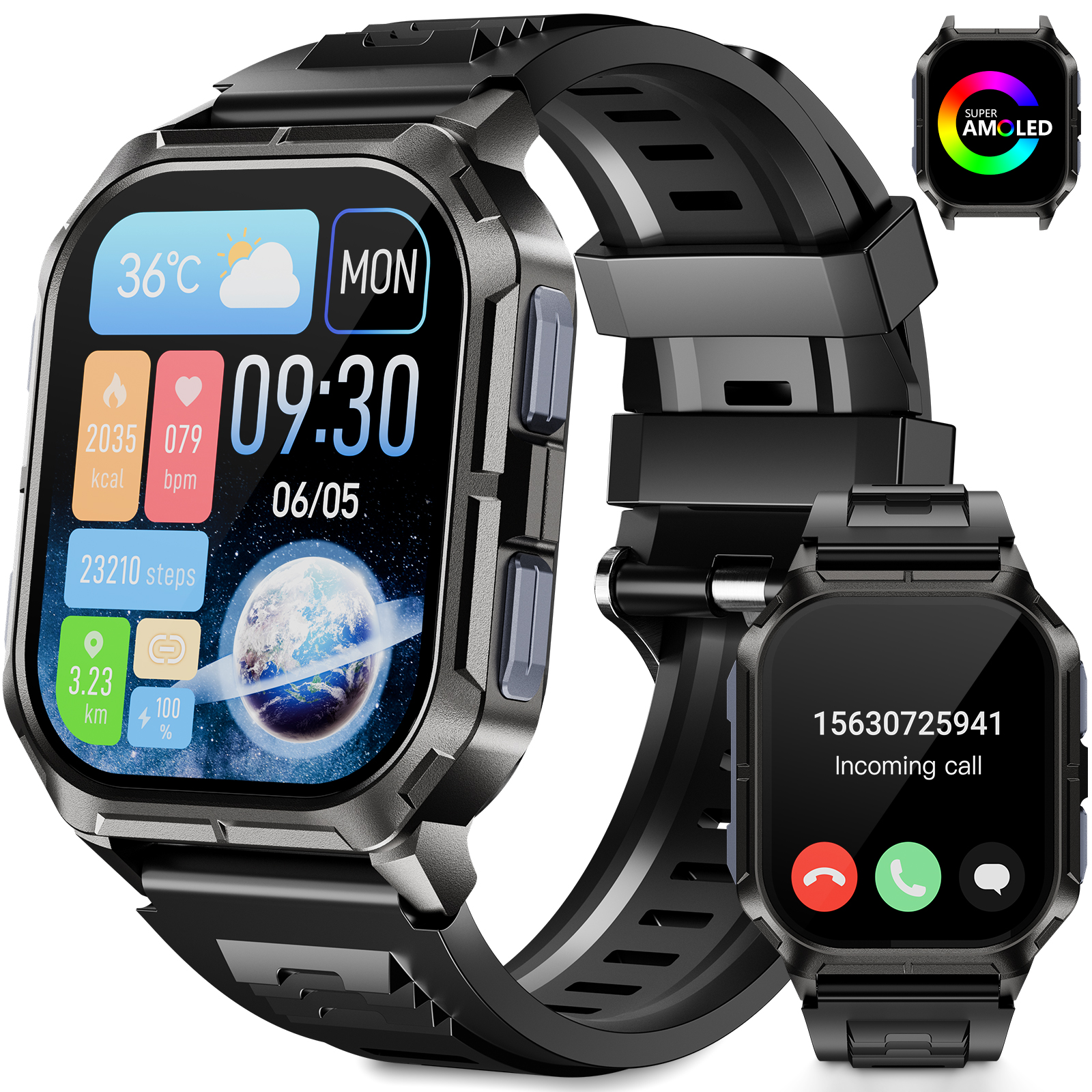 Schwarze Smartwatch mit großem Digitaldisplay, das Zeit, Gesundheitsdaten und Benachrichtigungen anzeigt. Die Uhr ist schwarz.