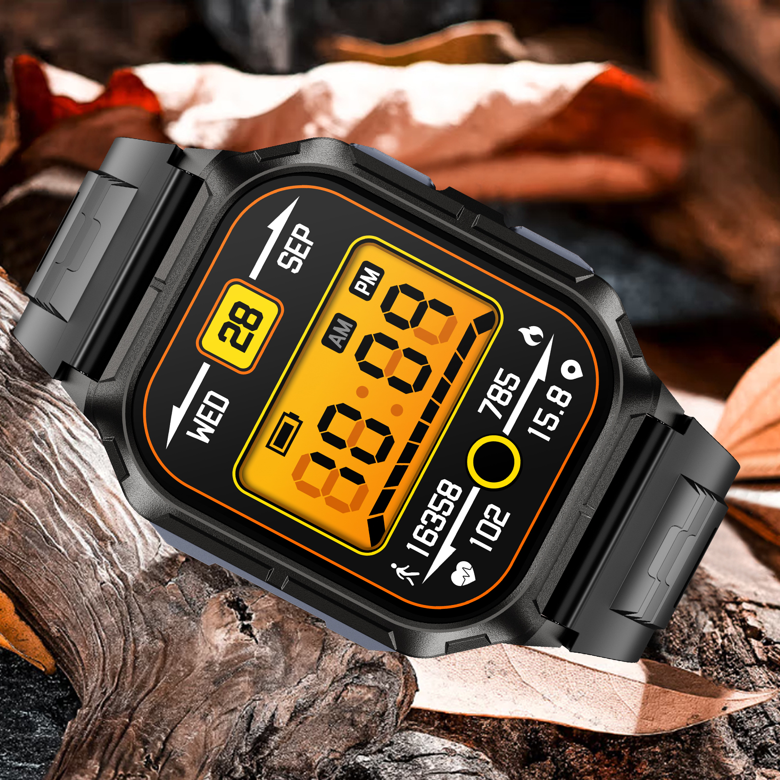 Czarny smartwatch wyświetlający datę, godzinę i wskaźniki zdrowia. Zegarek ma czarny pasek.