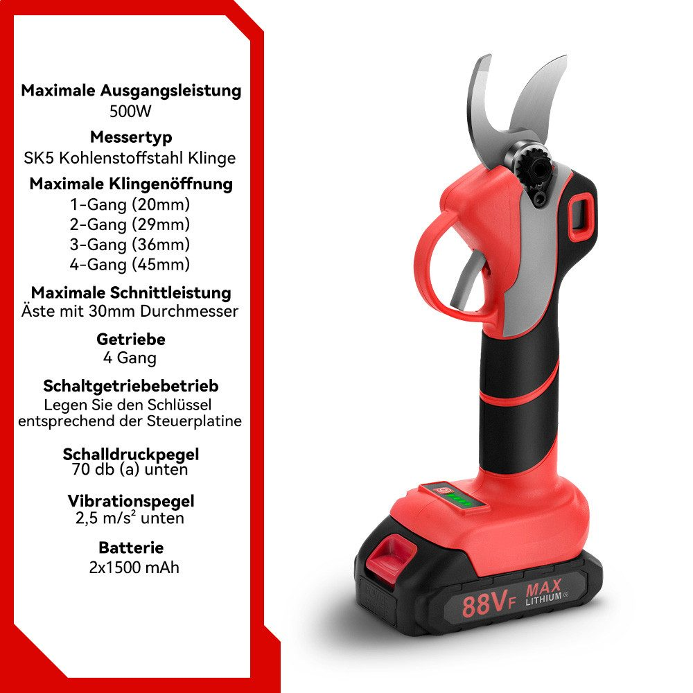 Tijeras de podar eléctricas rojas y negras con descripciones de texto.
