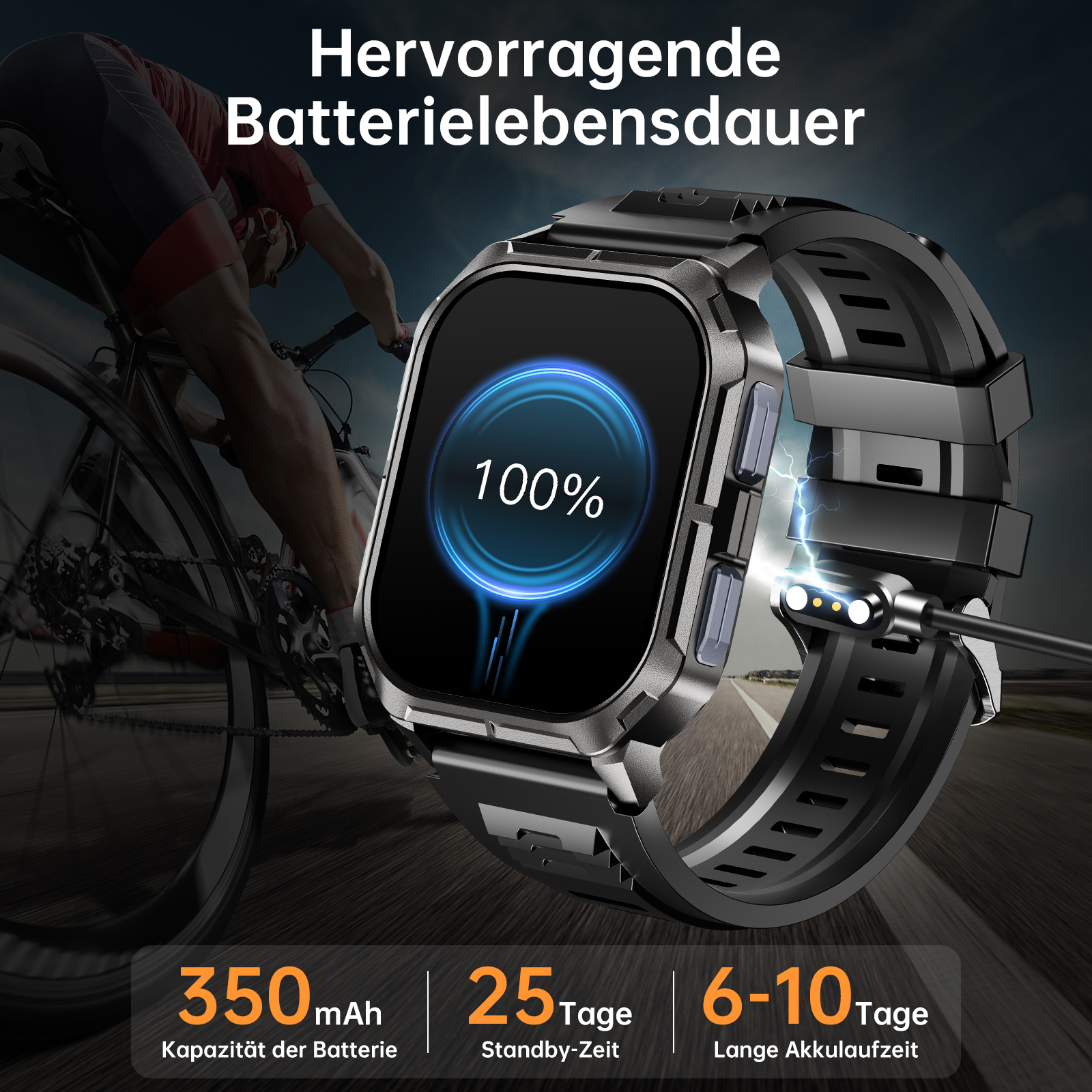 Smartwatch pokazujący 100% baterii, z rowerzystą w tle i ładowarką.