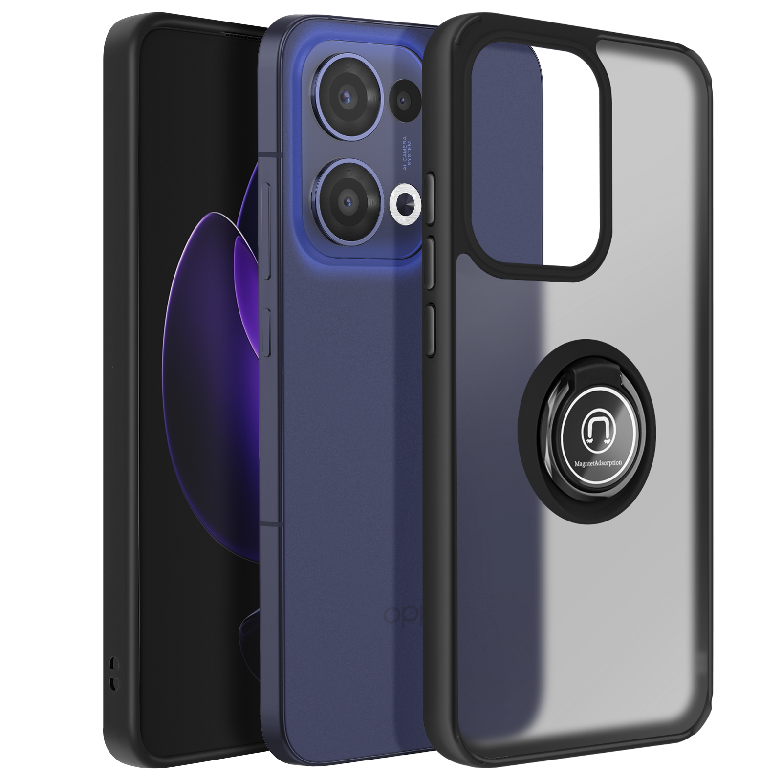 Telefono, custodia e anello di supporto. Telefono blu, custodia nera e trasparente, anello di supporto argento.