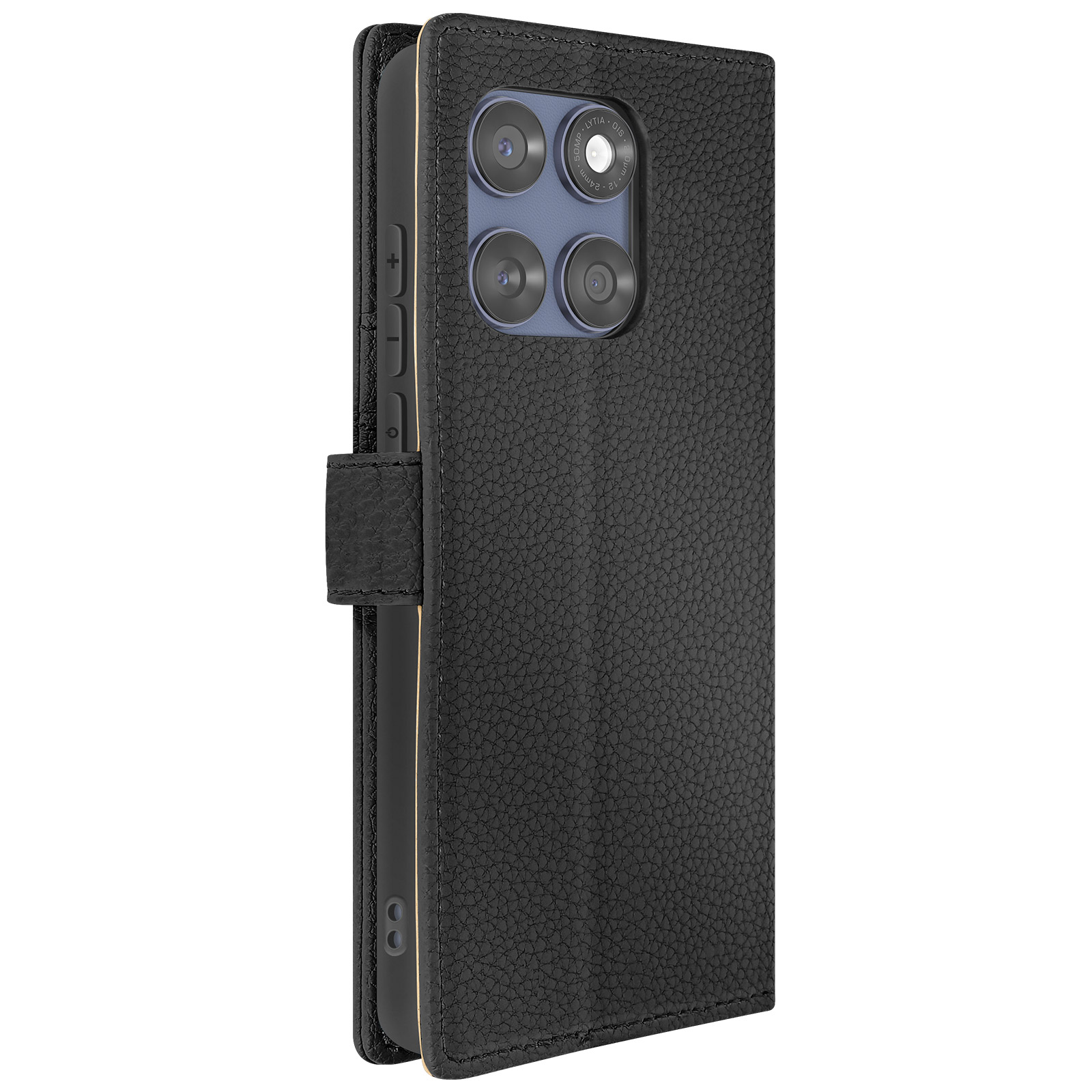 Telefon in schwarzer Lederhülle. Geschlossen mit Magnetverschluss. Das Telefon hat mehrere Kameras.