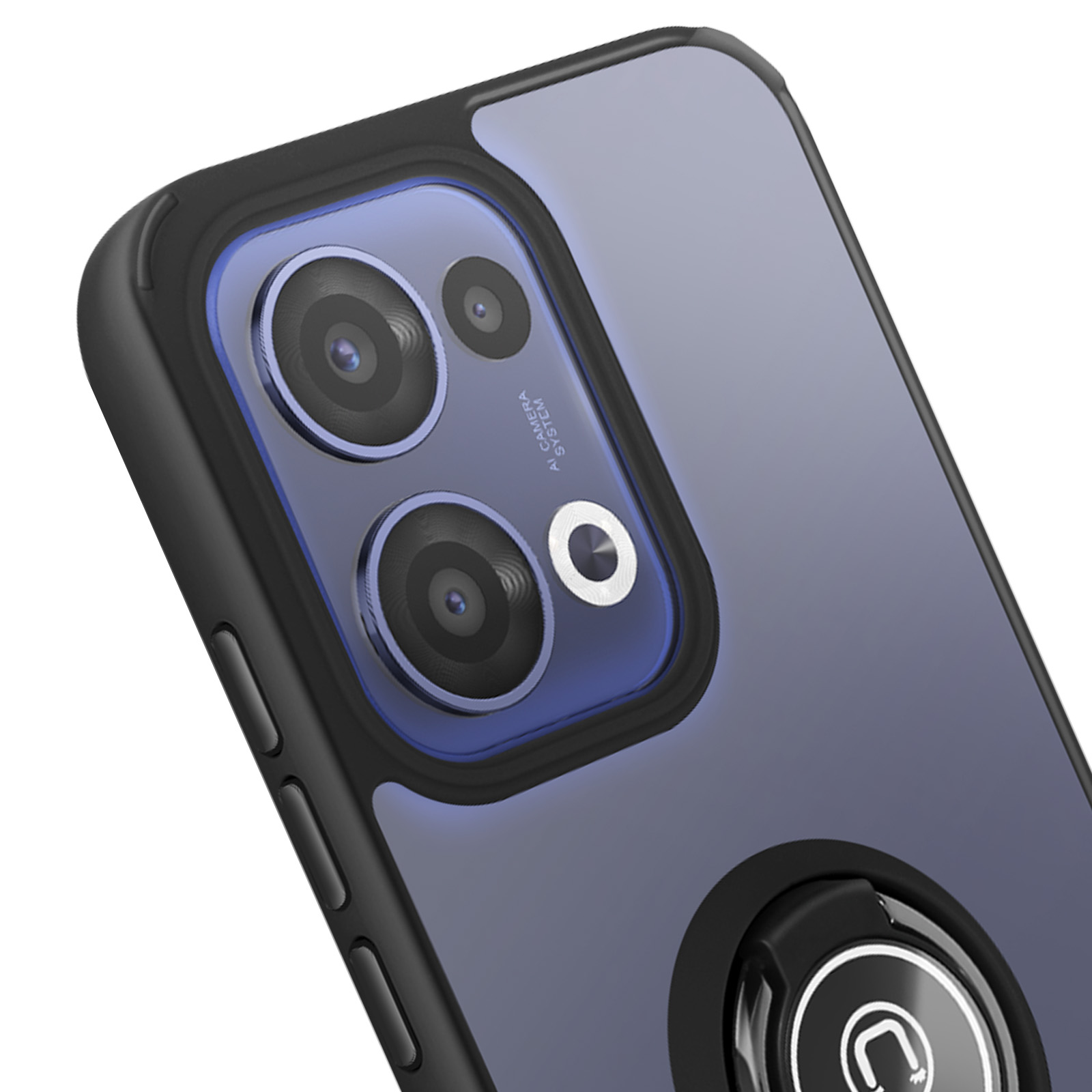 Custodia per telefono nera con un porta anello e un telefono sfumato blu-viola visibile attraverso di essa.