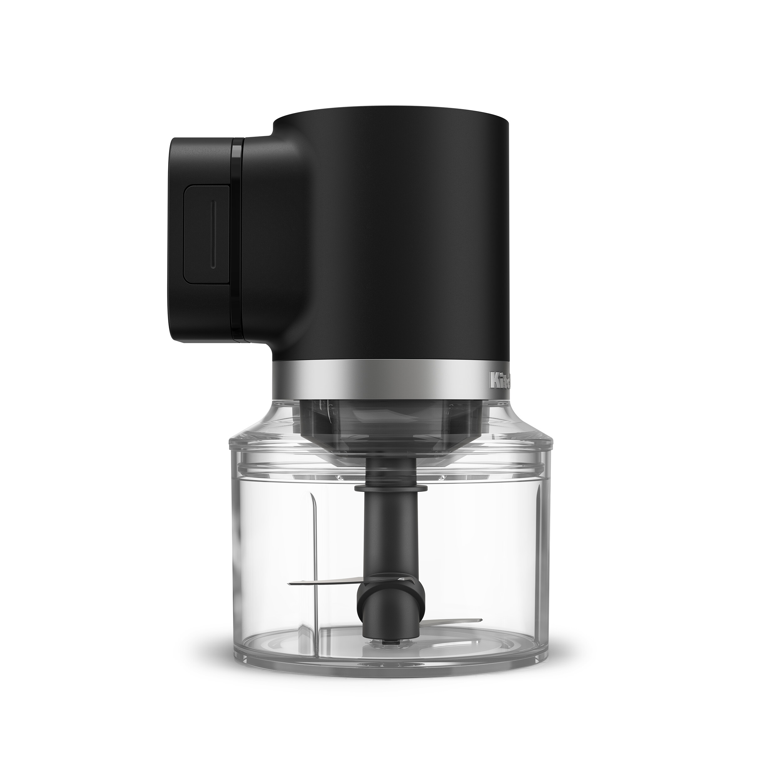 Schwarzer KitchenAid-Zerkleinerer auf weißem Hintergrund. Die Klinge und die klare Schüssel sind sichtbar.