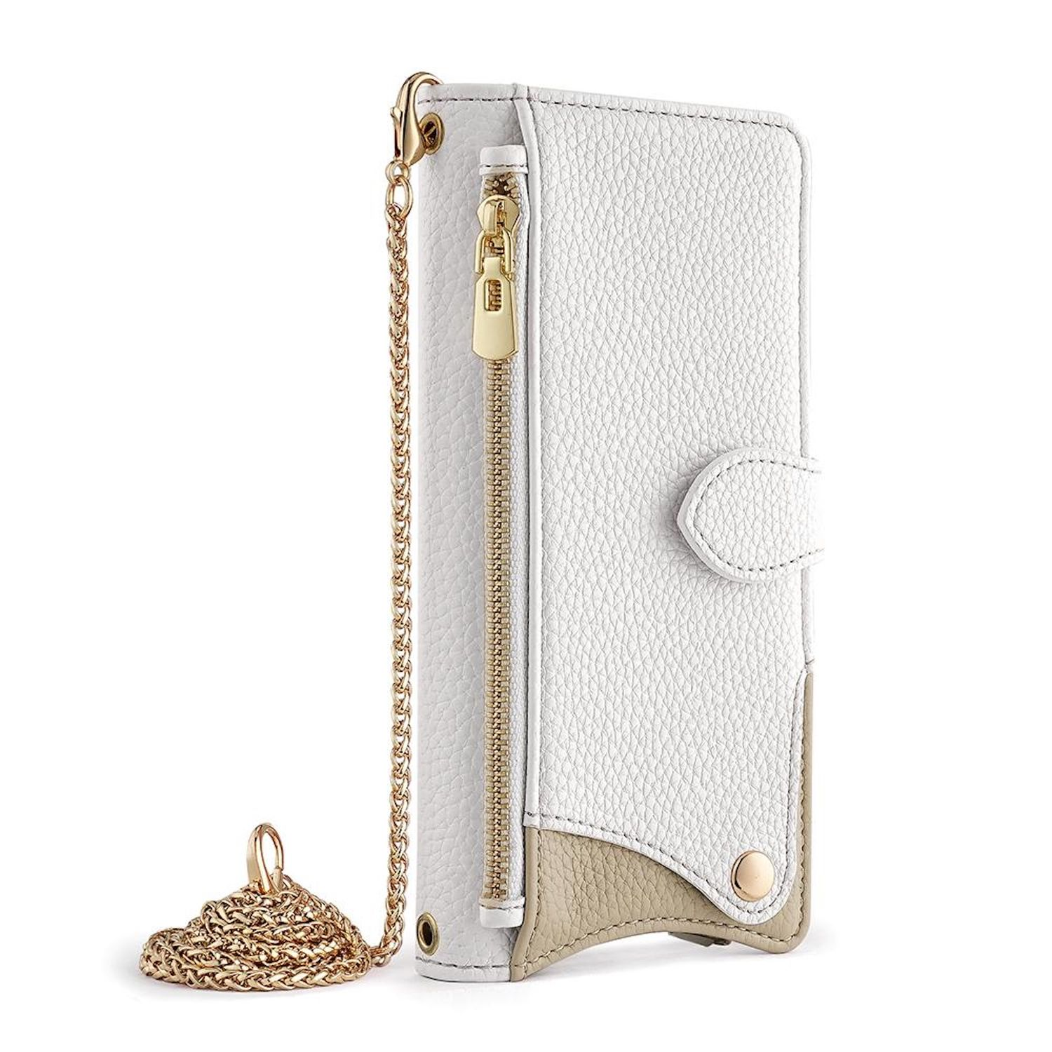 Weiße Leder-Handyhülle mit goldener Kette und Reißverschluss.