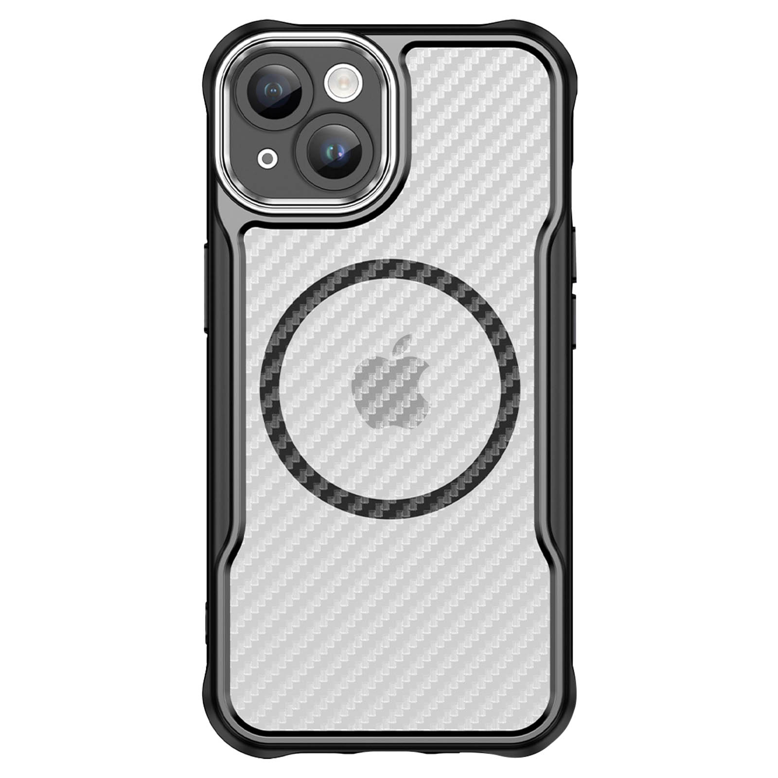 Una custodia per telefono con motivo in fibra di carbonio, cornice nera e logo Apple.