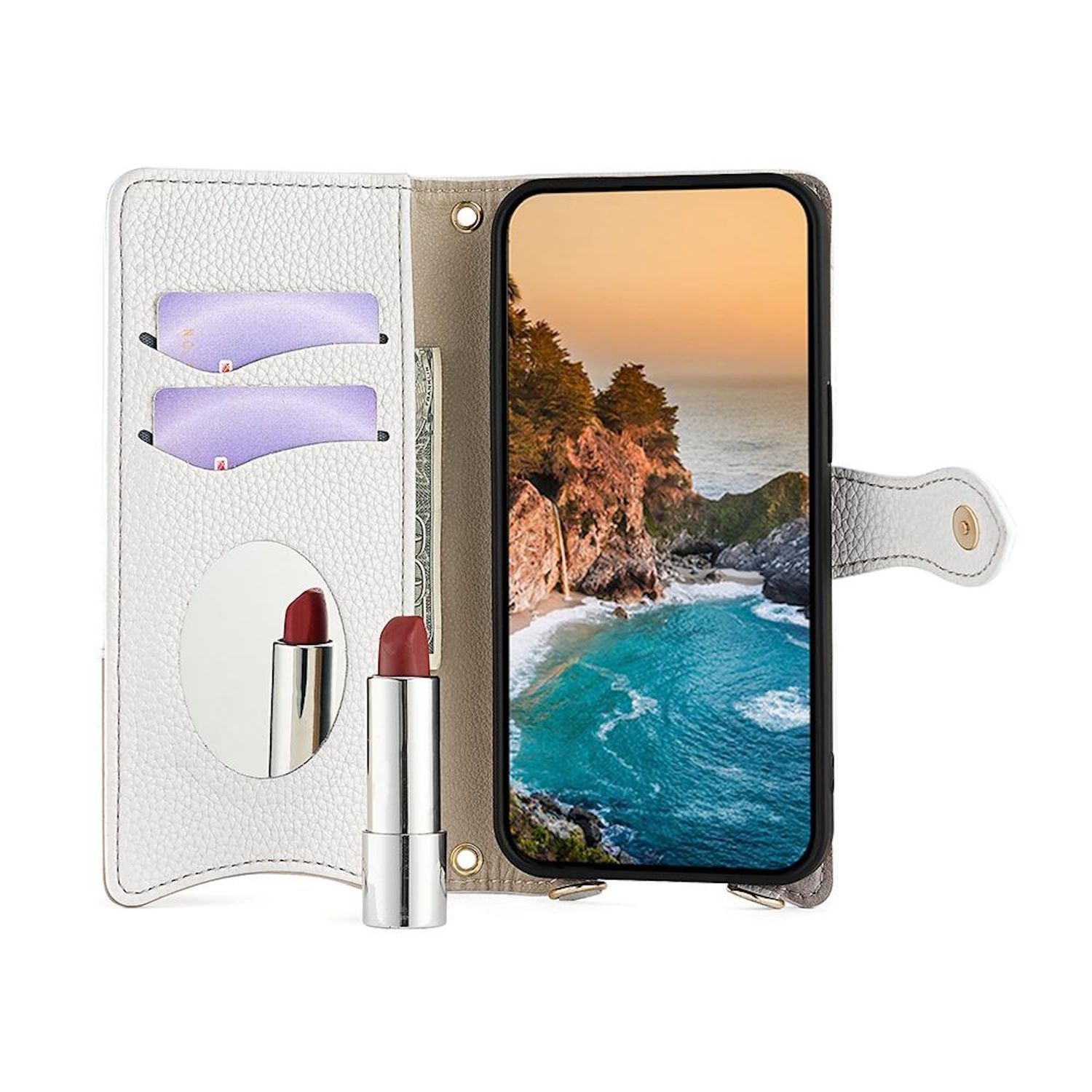 Offene weiße Handyhülle mit Karten, Geld, Spiegel und Lippenstift.