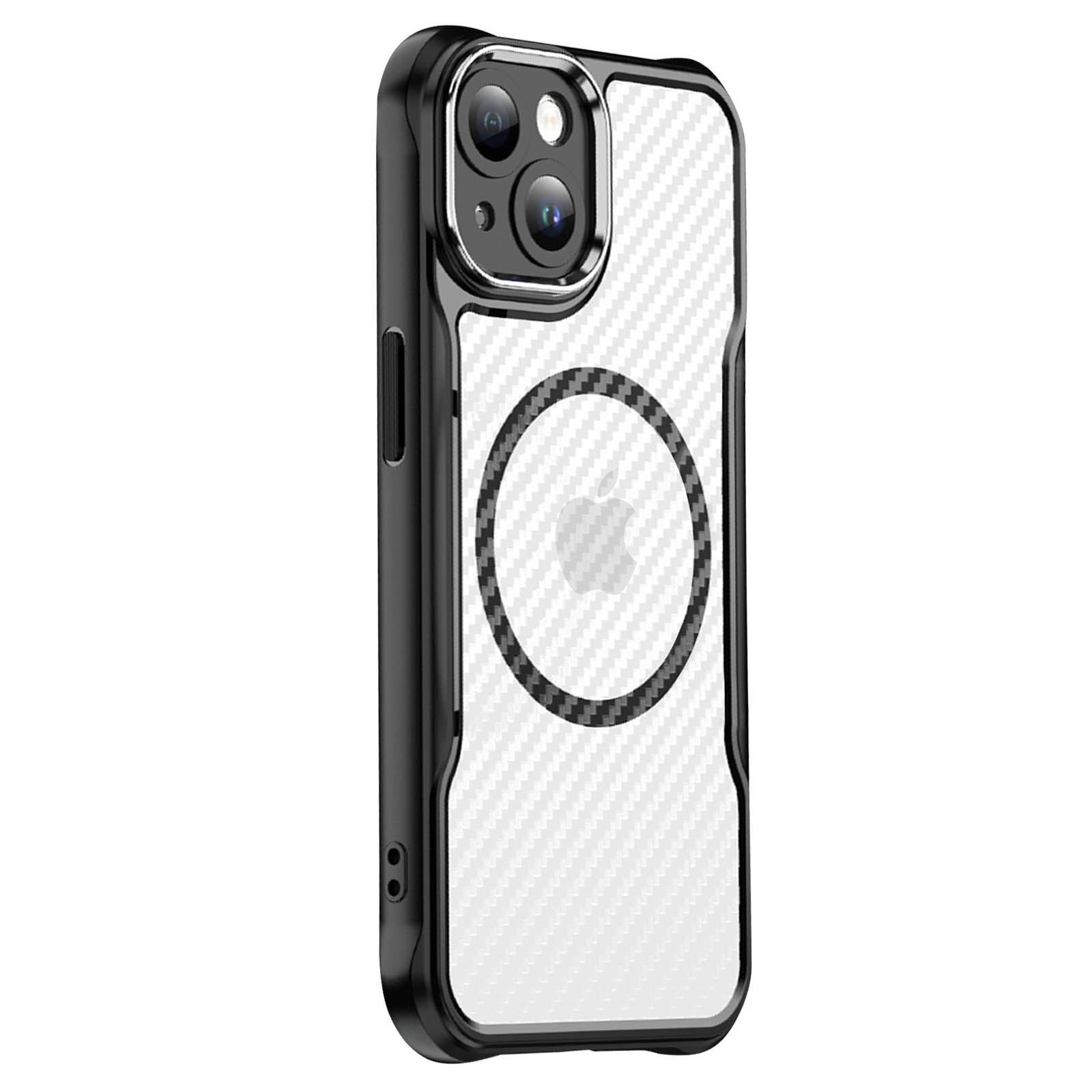 Custodia per telefono in bianco e nero con fotocamera e logo Apple.