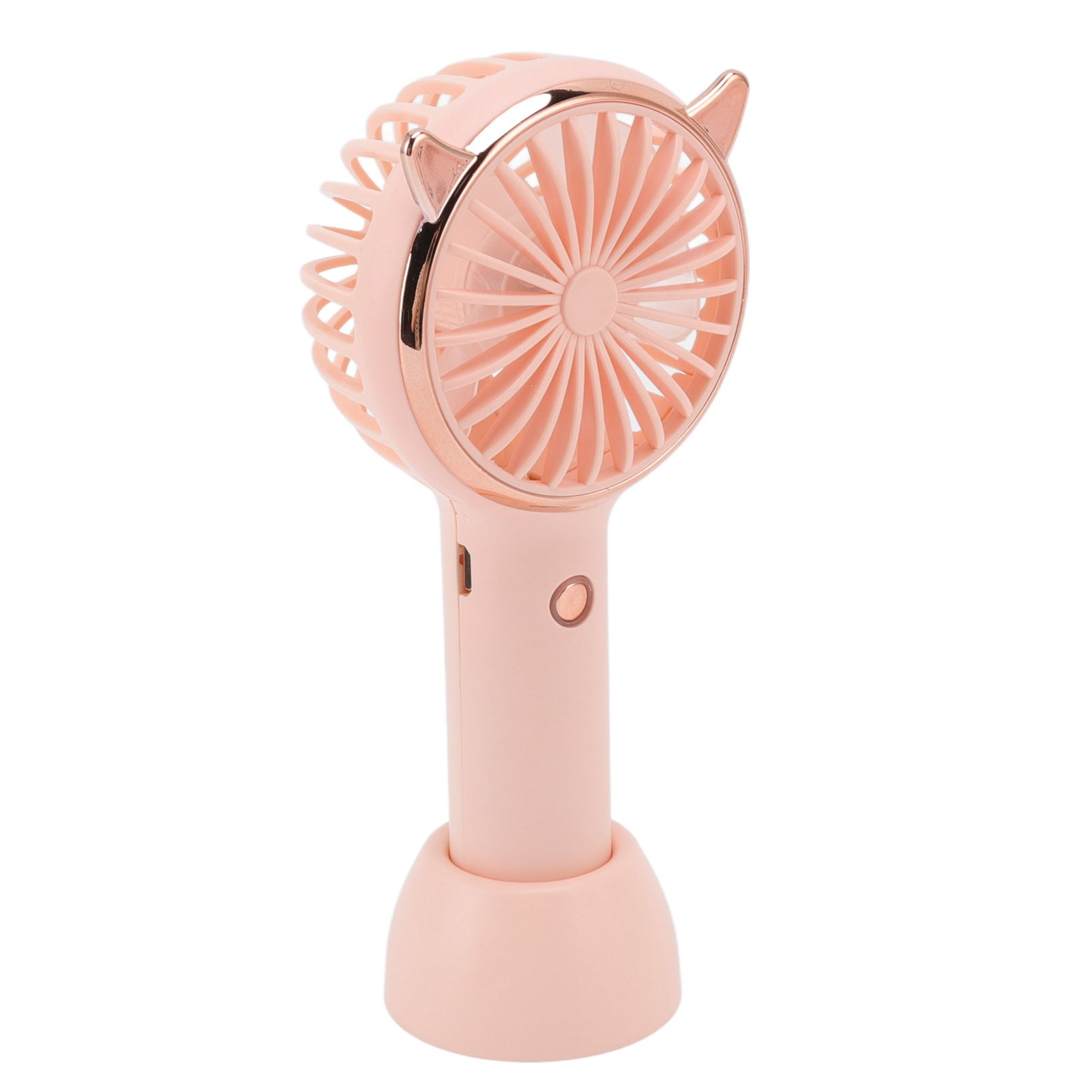 Ein kleiner, rosa Handventilator auf einem Ständer.