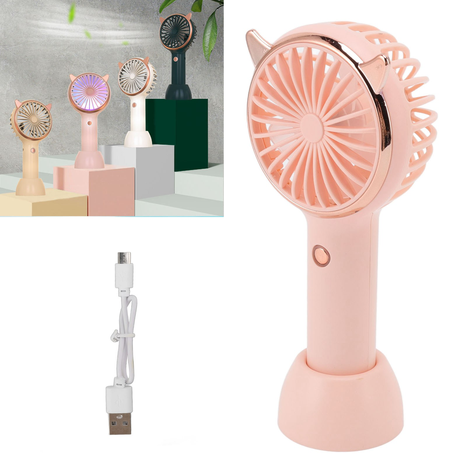 Rosa Handventilator, mehrere Ansichten, mit Kabel und Ständer.