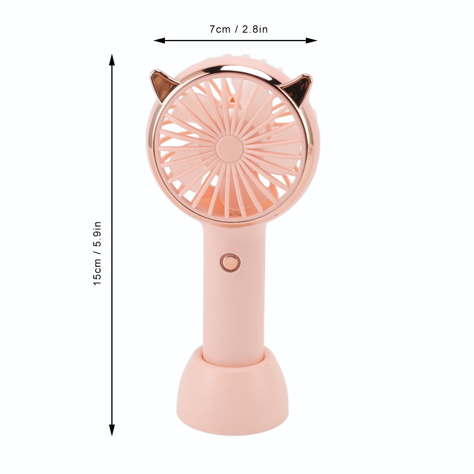 Rosa Handventilator mit Ohren-Design, roségoldfarbenem Rand und Standfuß. Abmessungen sind angegeben.