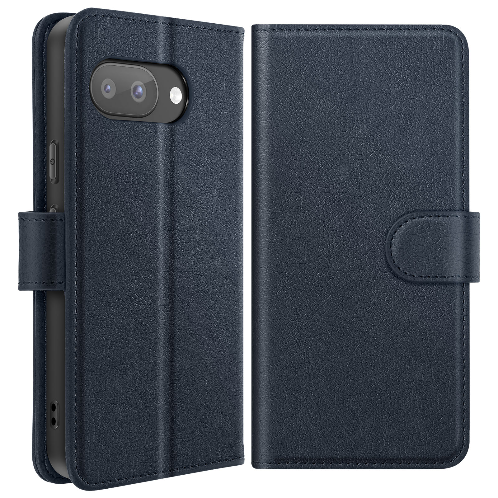 Custodia per telefono in pelle blu navy, aperta, che mostra il telefono, gli slot per schede e la carta moneta.