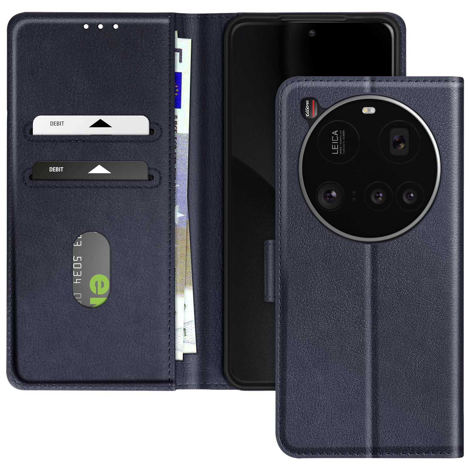 Custodia per telefono in pelle blu navy, aperta, che mostra telefono, slot per schede e contanti. Obiettivo Leica visibile.