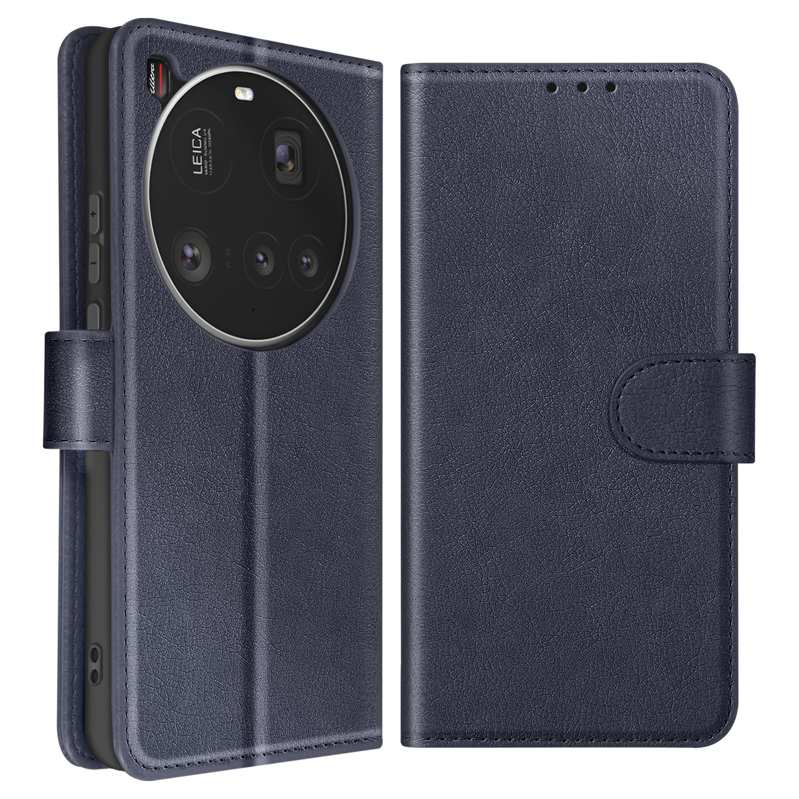 Una custodia per telefono in pelle blu aperta, che mostra il telefono e l'interno. Ha una chiusura magnetica.
