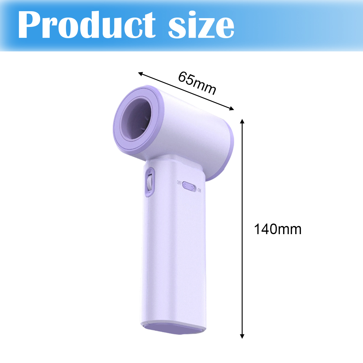 Ein lila Gerät. Abmessungen: 65mm Breite, 140mm Höhe. Text: 'Produktgröße'.