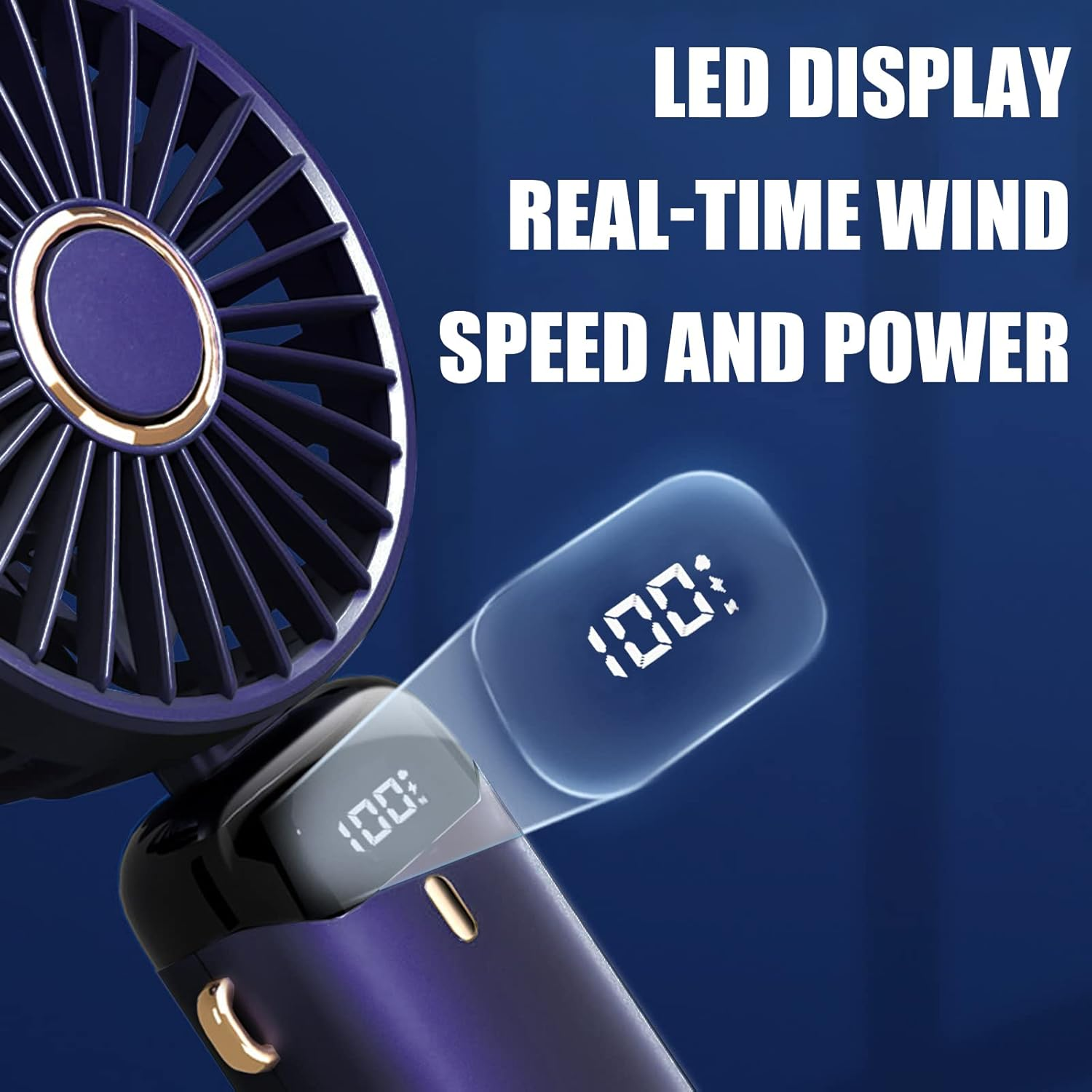 Ein blauer Ventilator mit digitaler Anzeige, die '100' anzeigt. Text sagt 'LED DISPLAY, REAL-TIME WIND'.