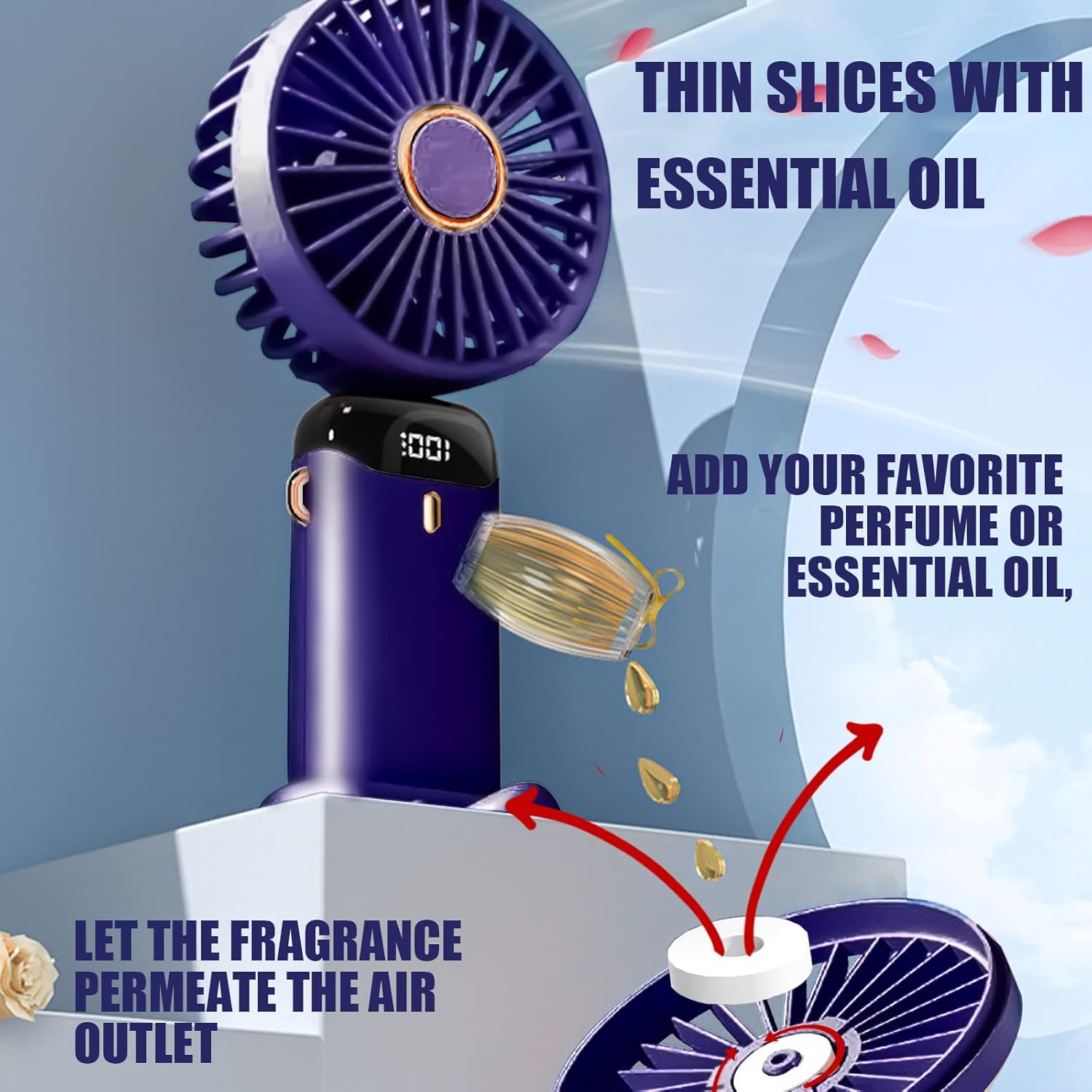 Ein violetter tragbarer Ventilator mit drehendem Ventilator und Digitalanzeige.