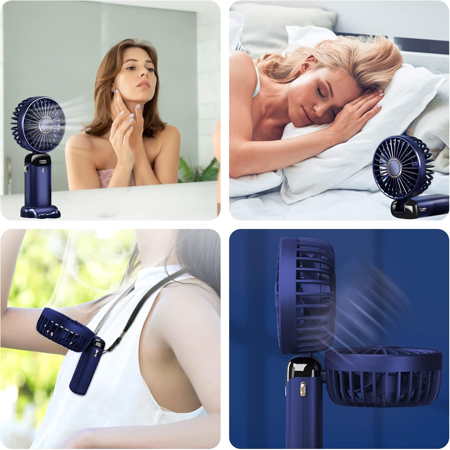 Collage von Menschen, die einen kleinen marineblauen Ventilator in verschiedenen Situationen benutzen.