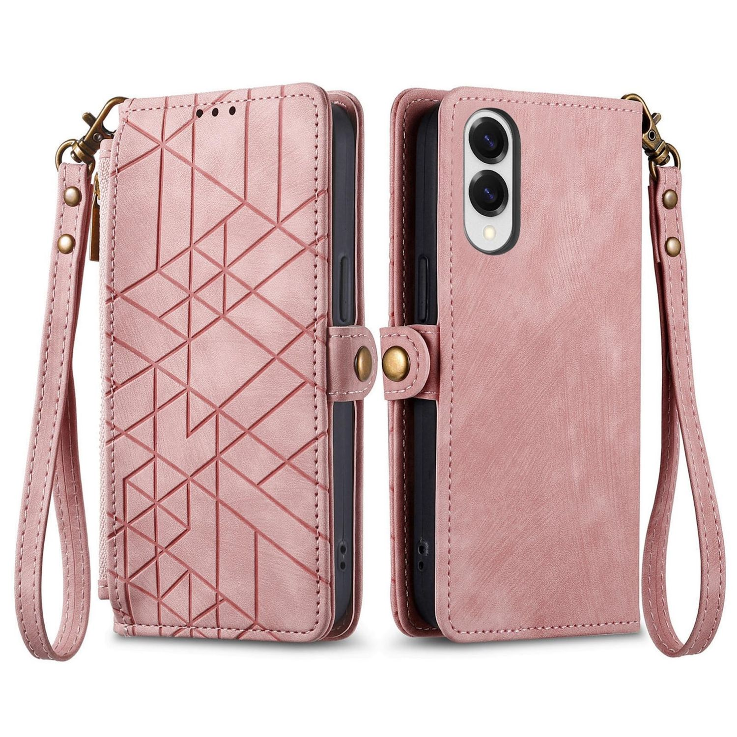 Rosa Brieftaschen-Handyhülle, offen und geschlossen, mit Riemen. Mit geometrischem Muster.
