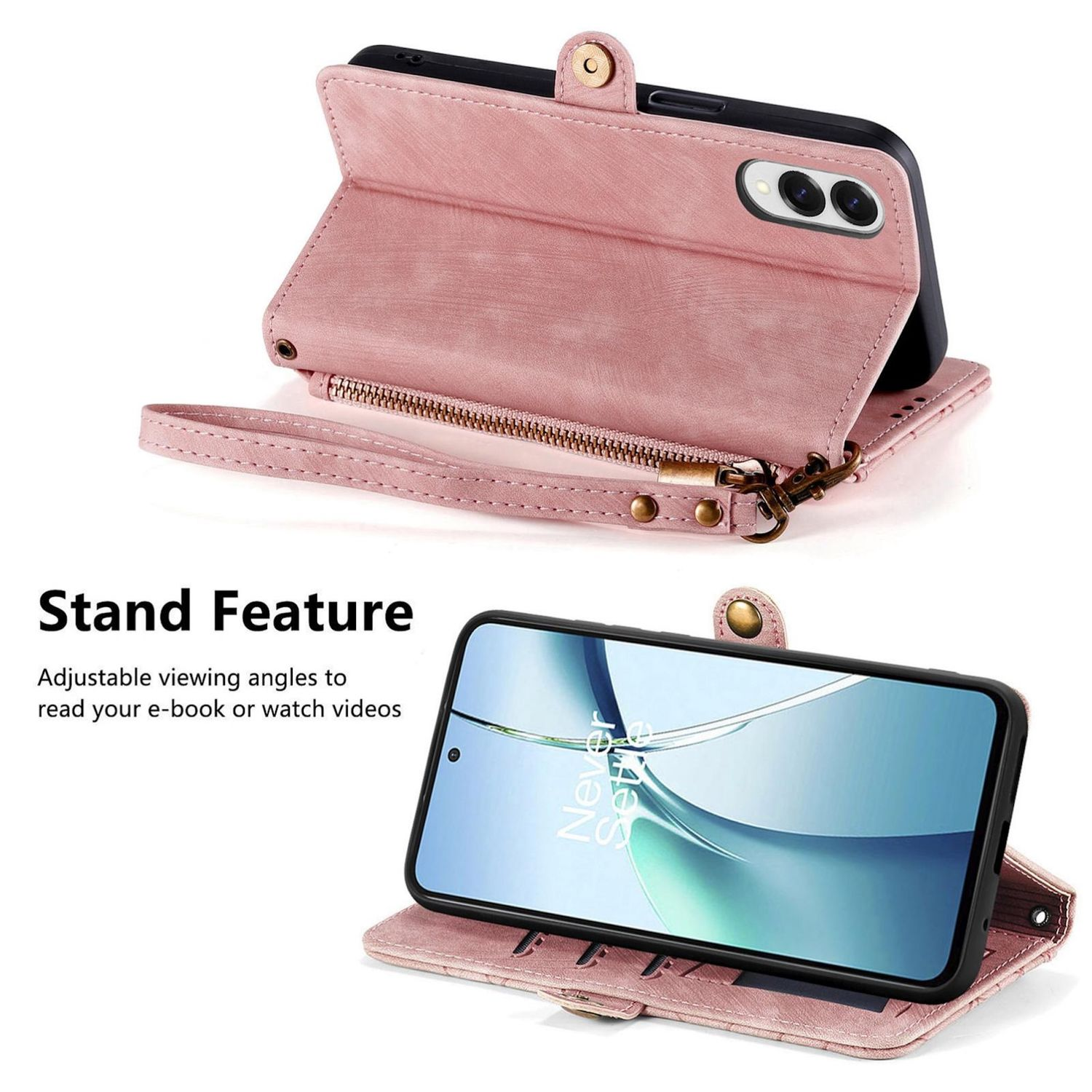 Pinkfarbene Handyhülle geöffnet, zeigt Telefon mit 'Never Settle'. Text: 'Stand Feature'.