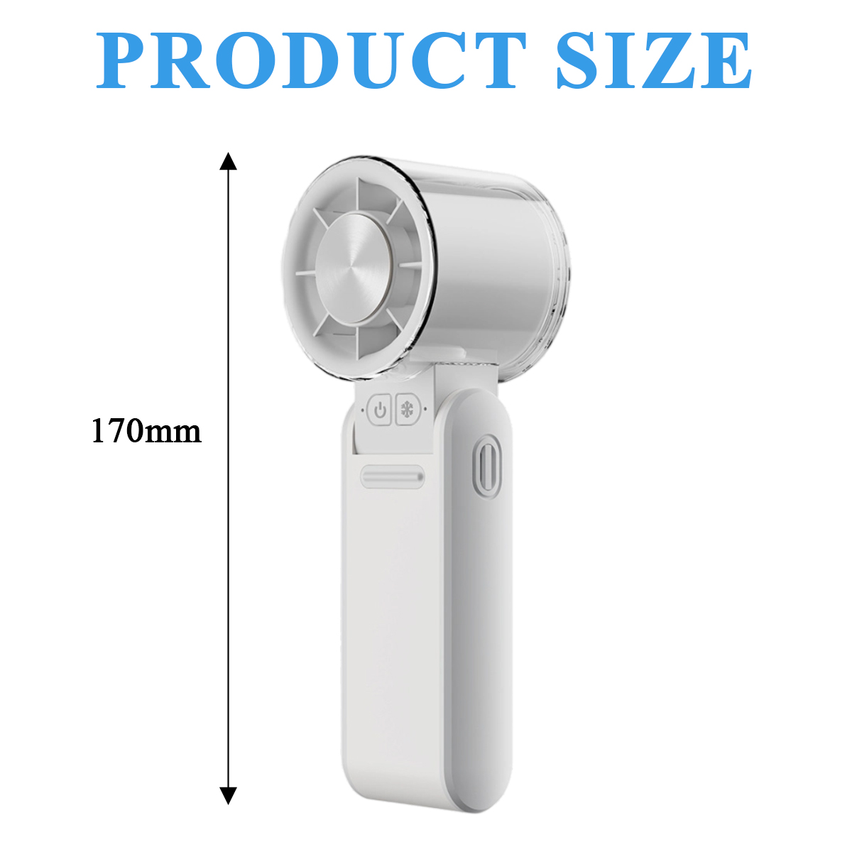 Weißer Handventilator mit einer 170 mm Messung. Das Bild ist vor weißem Hintergrund, die Produktgröße ist beschriftet.