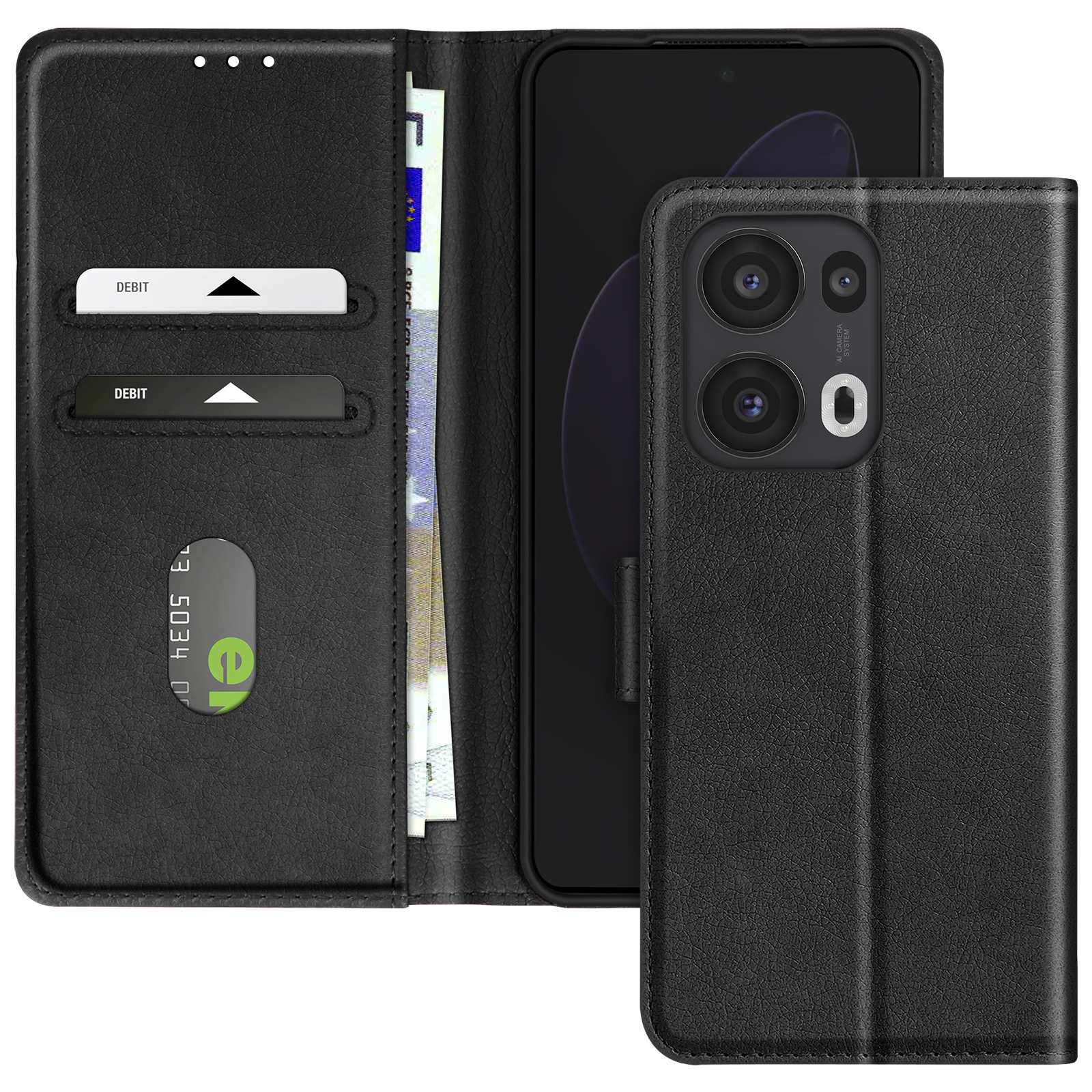 Schwarze Leder-Handyhülle im Brieftaschenstil. Enthält Kartenfächer, Geld und ein Telefon. Geöffnet, zeigt das Innere.