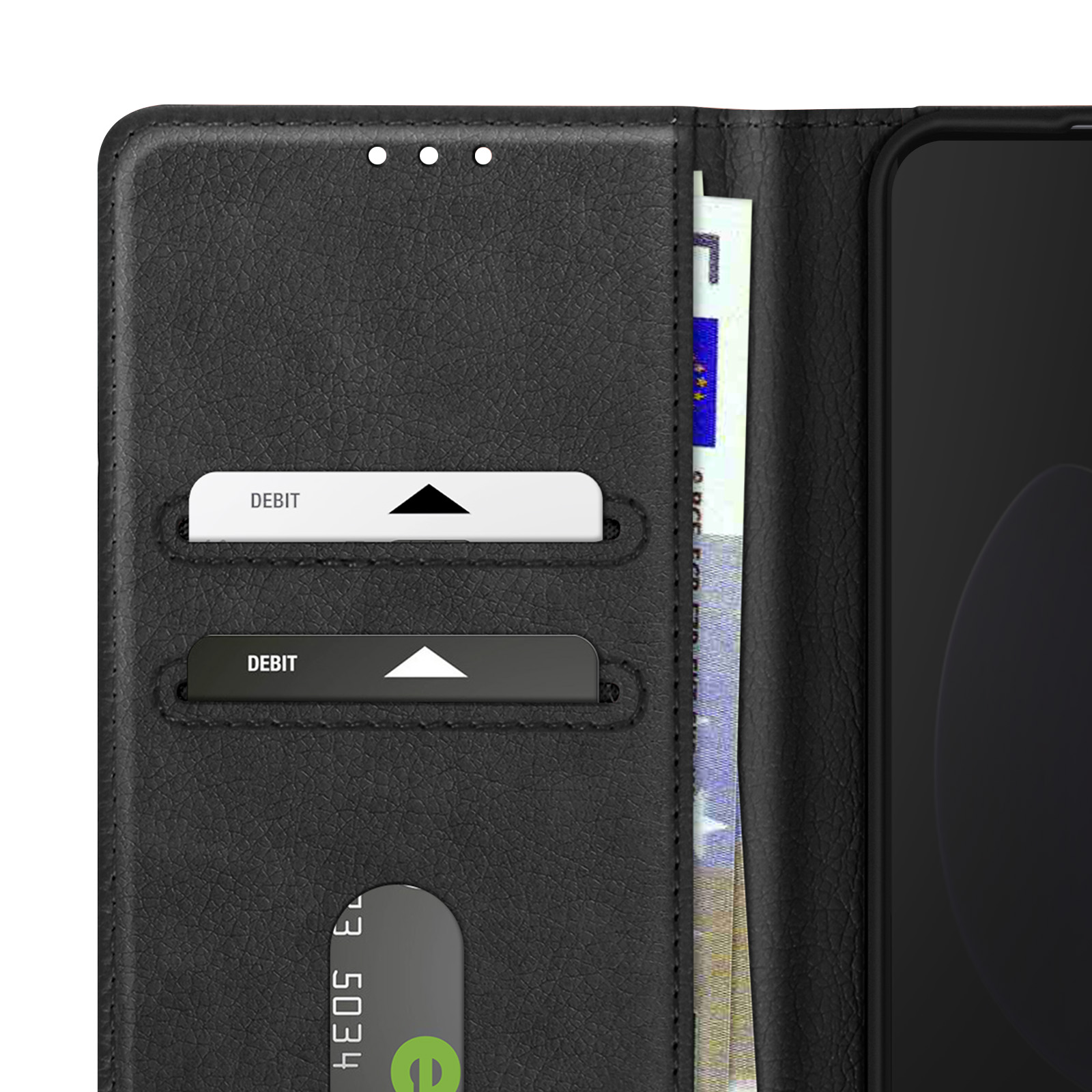 Schwarze Leder-Wallet-Hülle. Zeigt Kartenfächer, Debitkarten und einen Euro-Schein im Inneren.