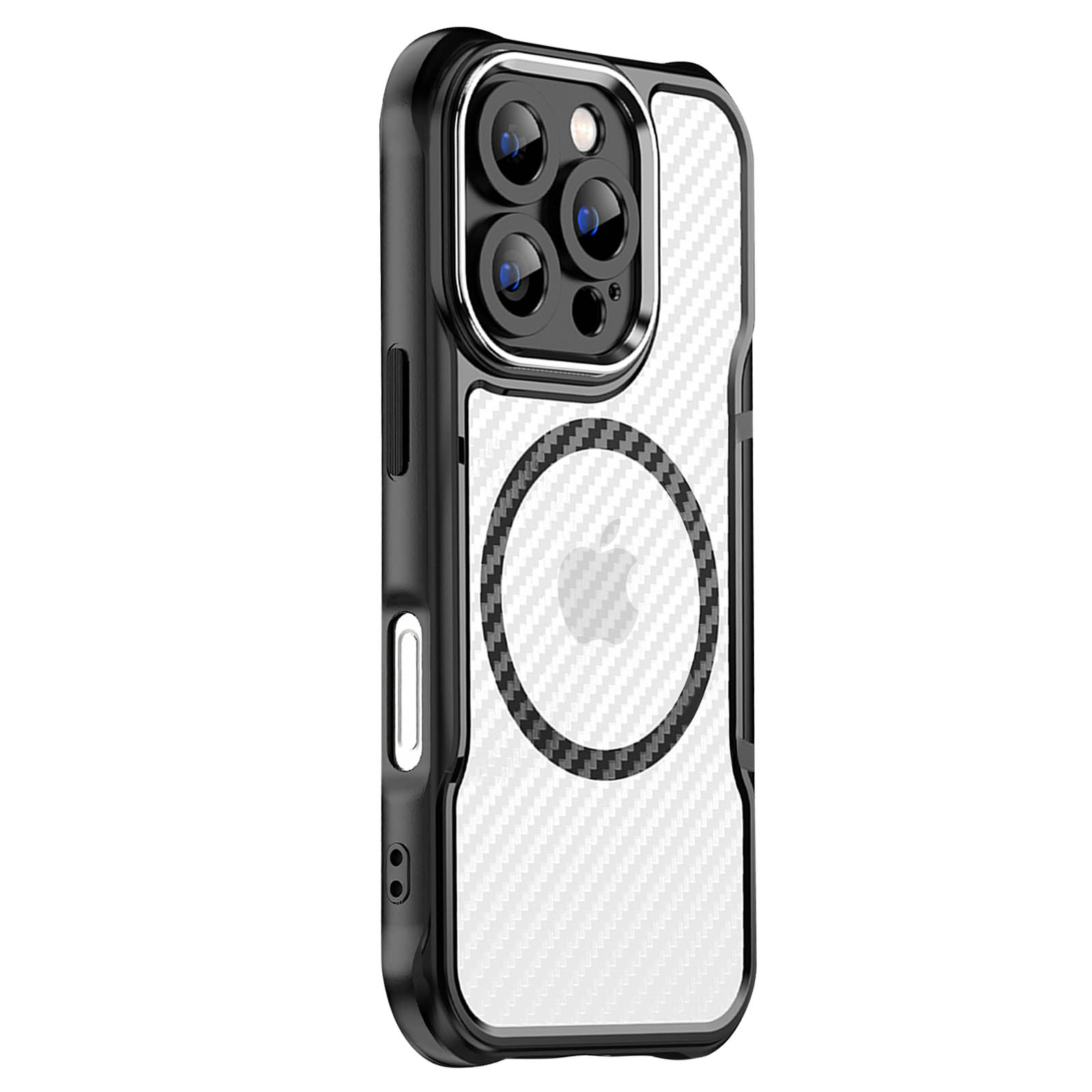 Custodia per telefono in bianco e nero. Ha ritagli per la fotocamera e un logo Apple.