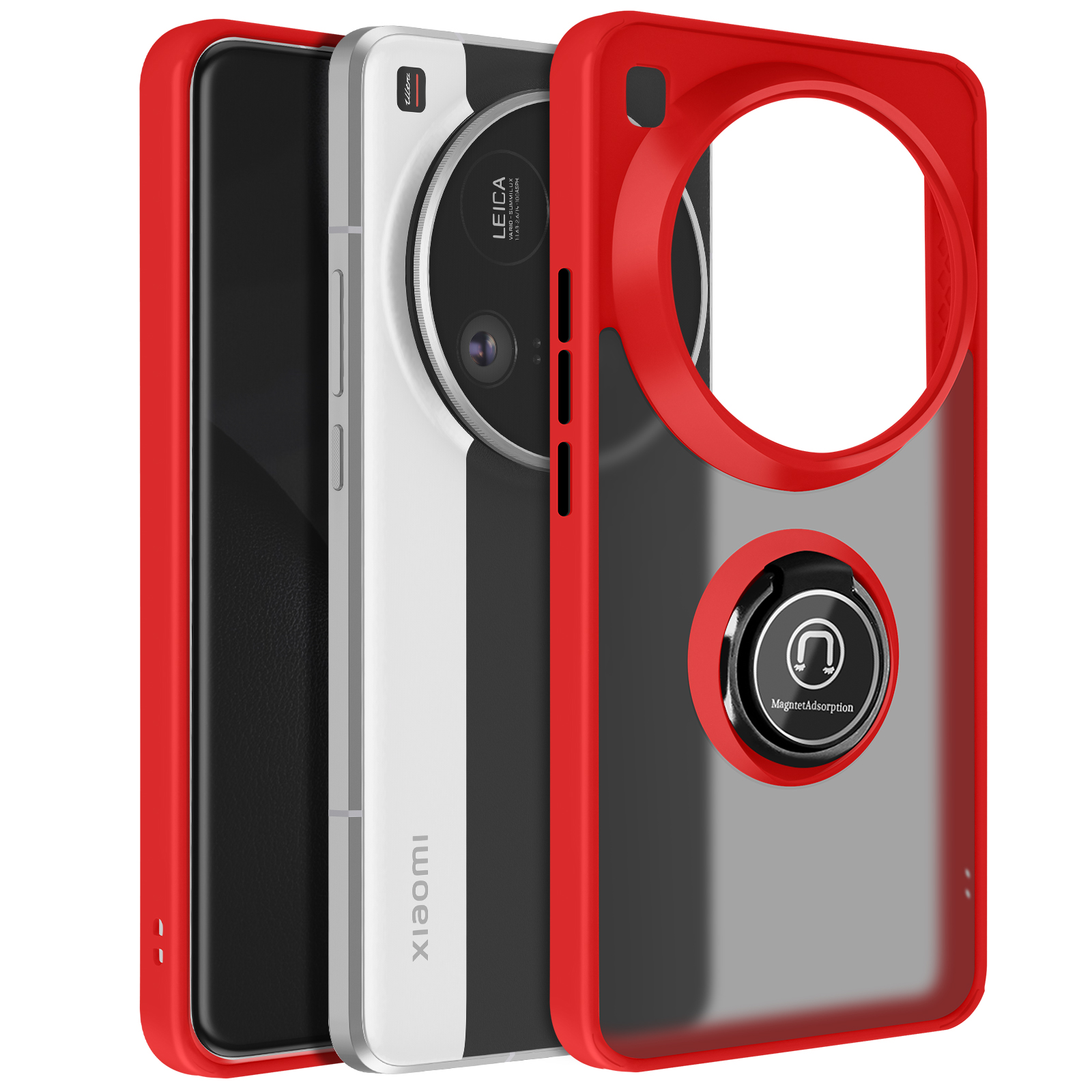 Tre telefoni: una custodia, un telefono con fotocamera Leica e un telefono con custodia rossa.
