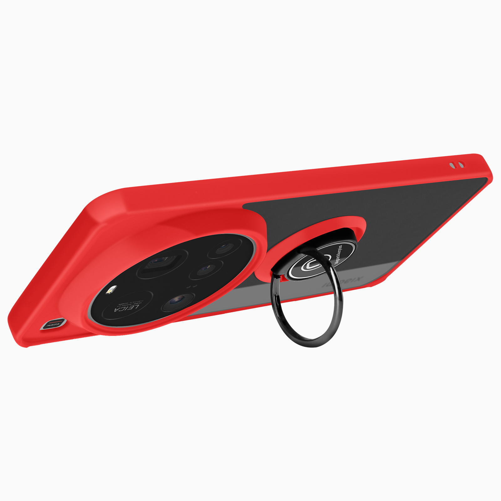 Custodia rossa per telefono con area fotocamera nera, anello e logo Leica.